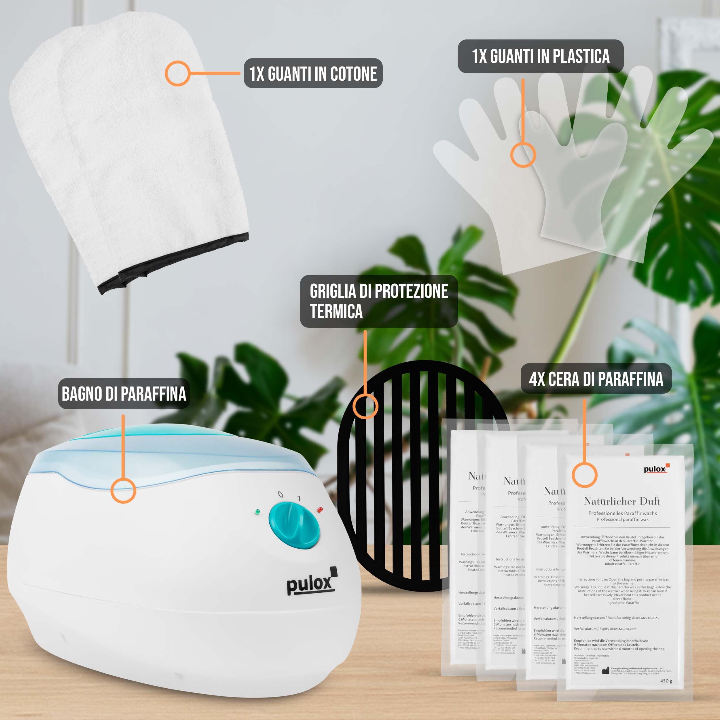 Pulox Bagno di paraffina - Bagno di cera per sciogliere la cera di paraffina + 4x cera di paraffina