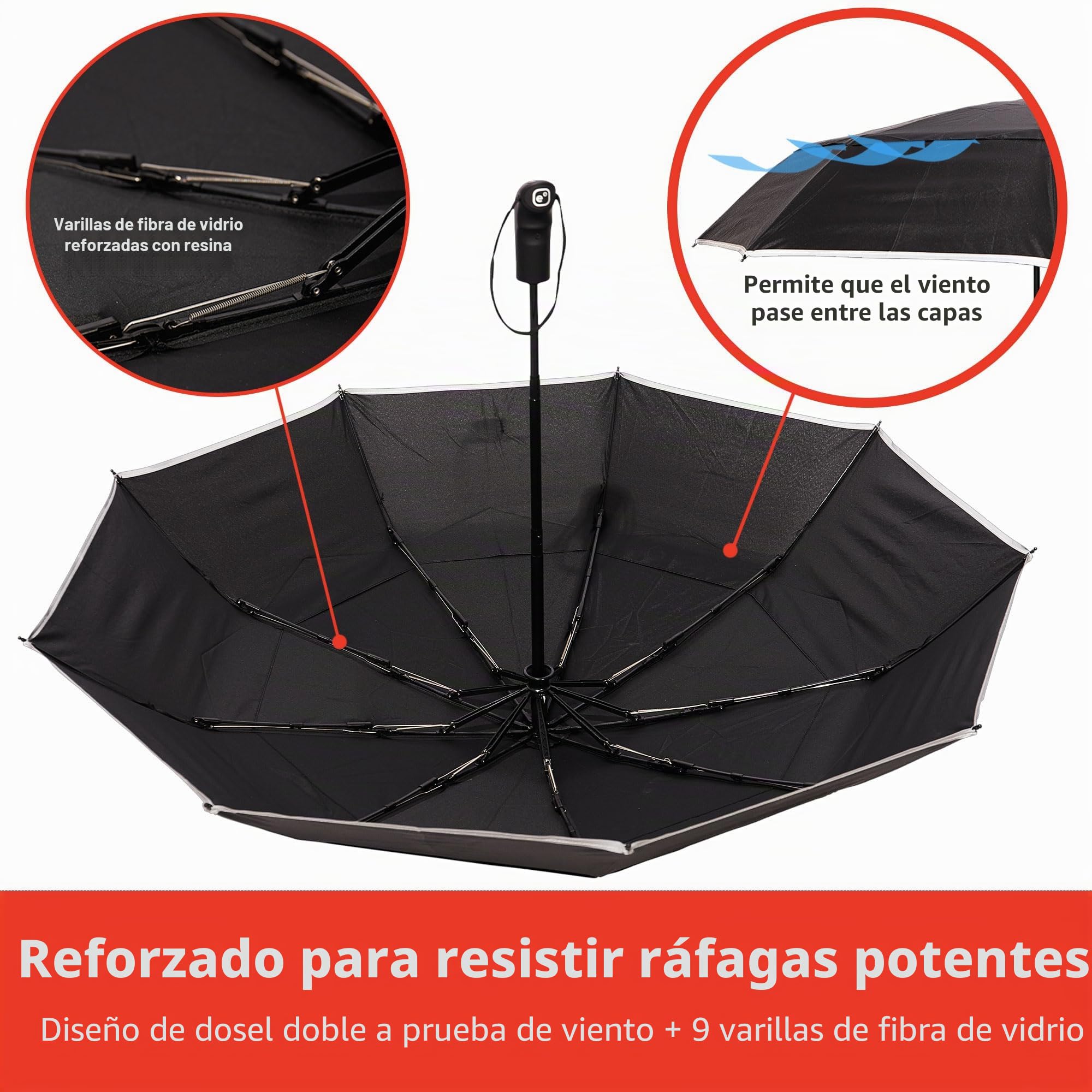 Paraguas de Viaje de Doble Cubierta a Prueba de Viento - Recubrimiento de Tefón, Manija Ergonómica y Manga Protectora - Diseño portátil Compacto y Plegable de Peso Ligero