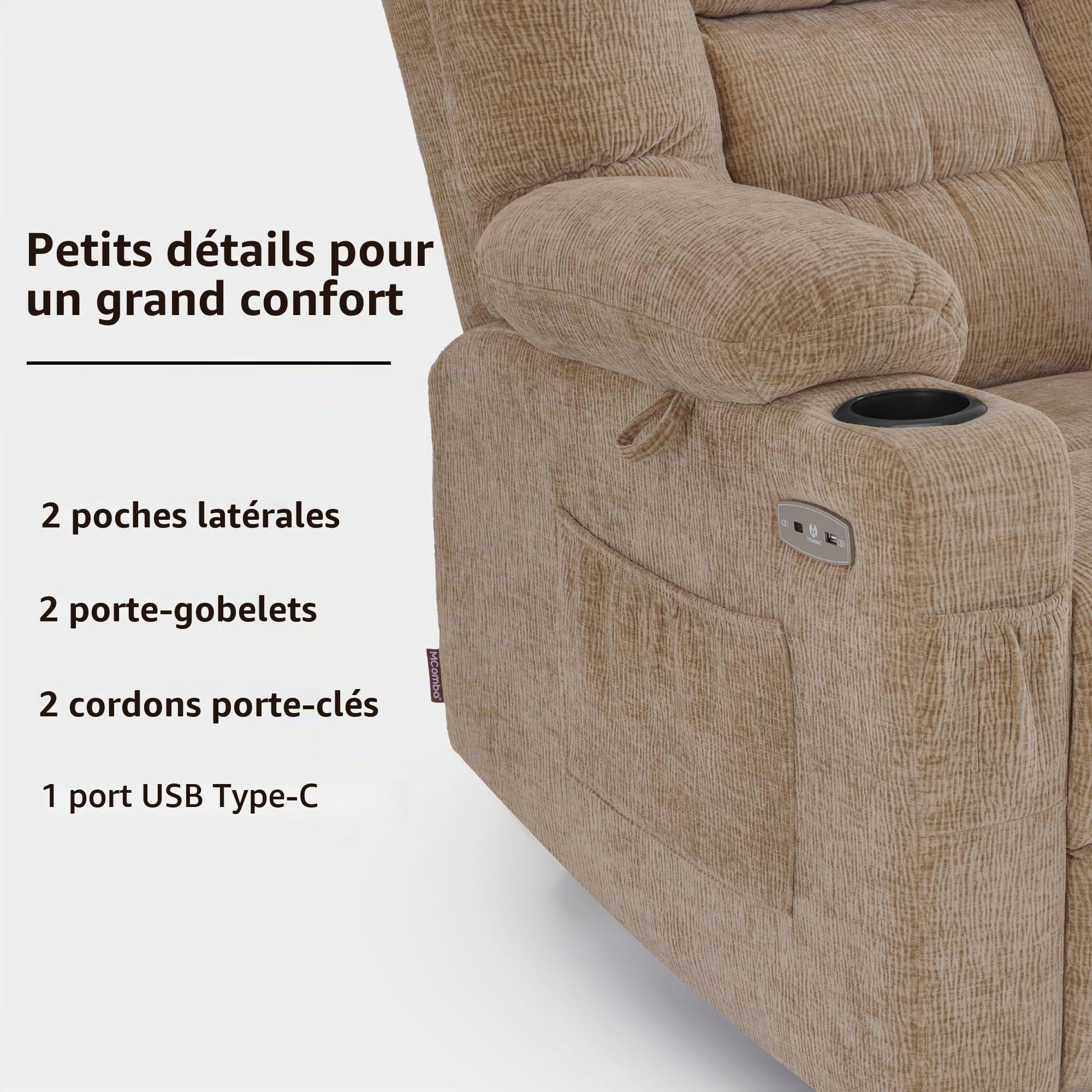 M MCombo Fauteuil électrique avec 3 Moteurs, Dossier et Support de Jambe réglables, Fonction Relaxation et Couchage jusqu'à 170°, Appui-tête réglable 7550 (Beige)