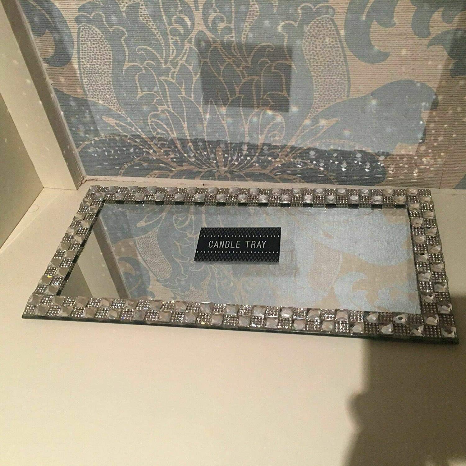 Biznest Silver Rectangle Shape Diamante Lace Mirrored Candle Plate- An Elegant Addition 32X16cm