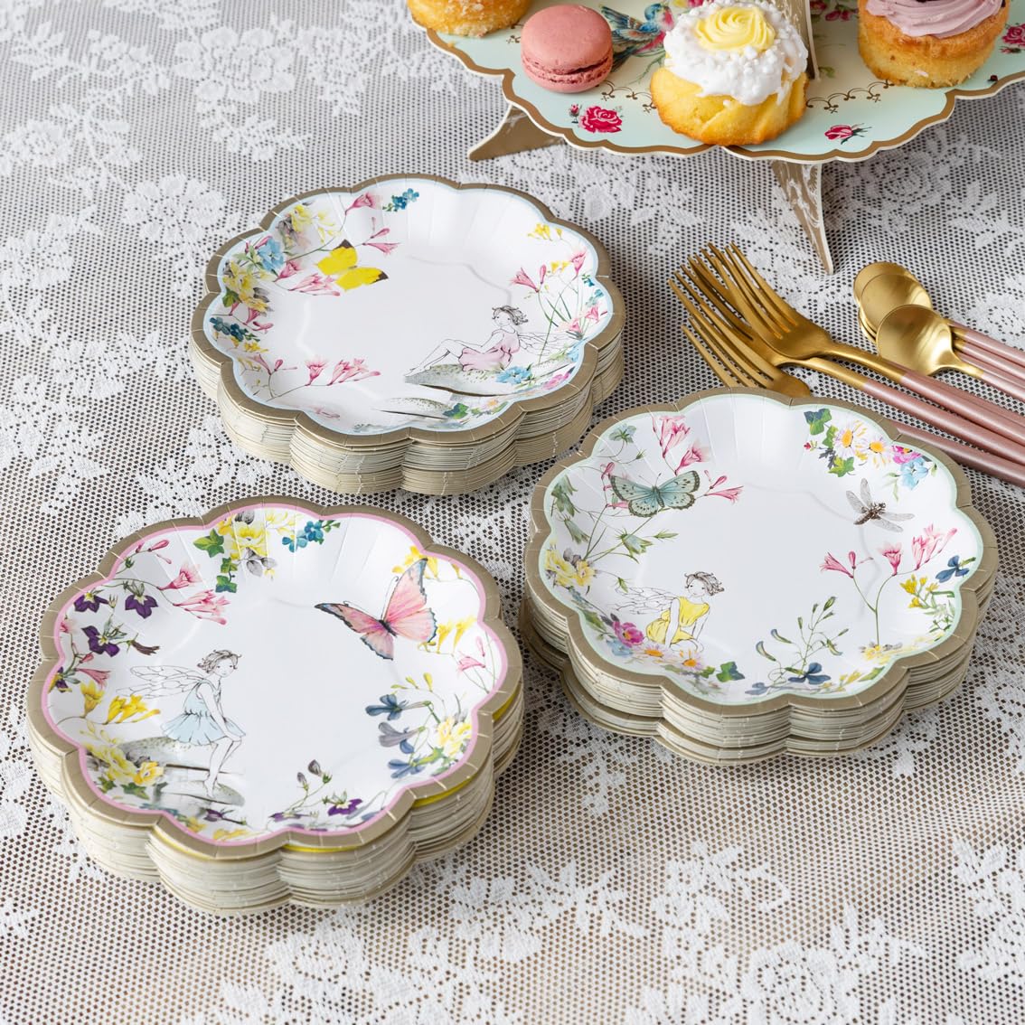 Talking Tables 60 x Fairy Paper Plates 3 Designs Pretty Floral & Butterfly Party Plate for Girls, Baby Shower, Garden or Tea Party, Vintage Fairy Birthday Supplies, Afternoon Tea 17.8cm