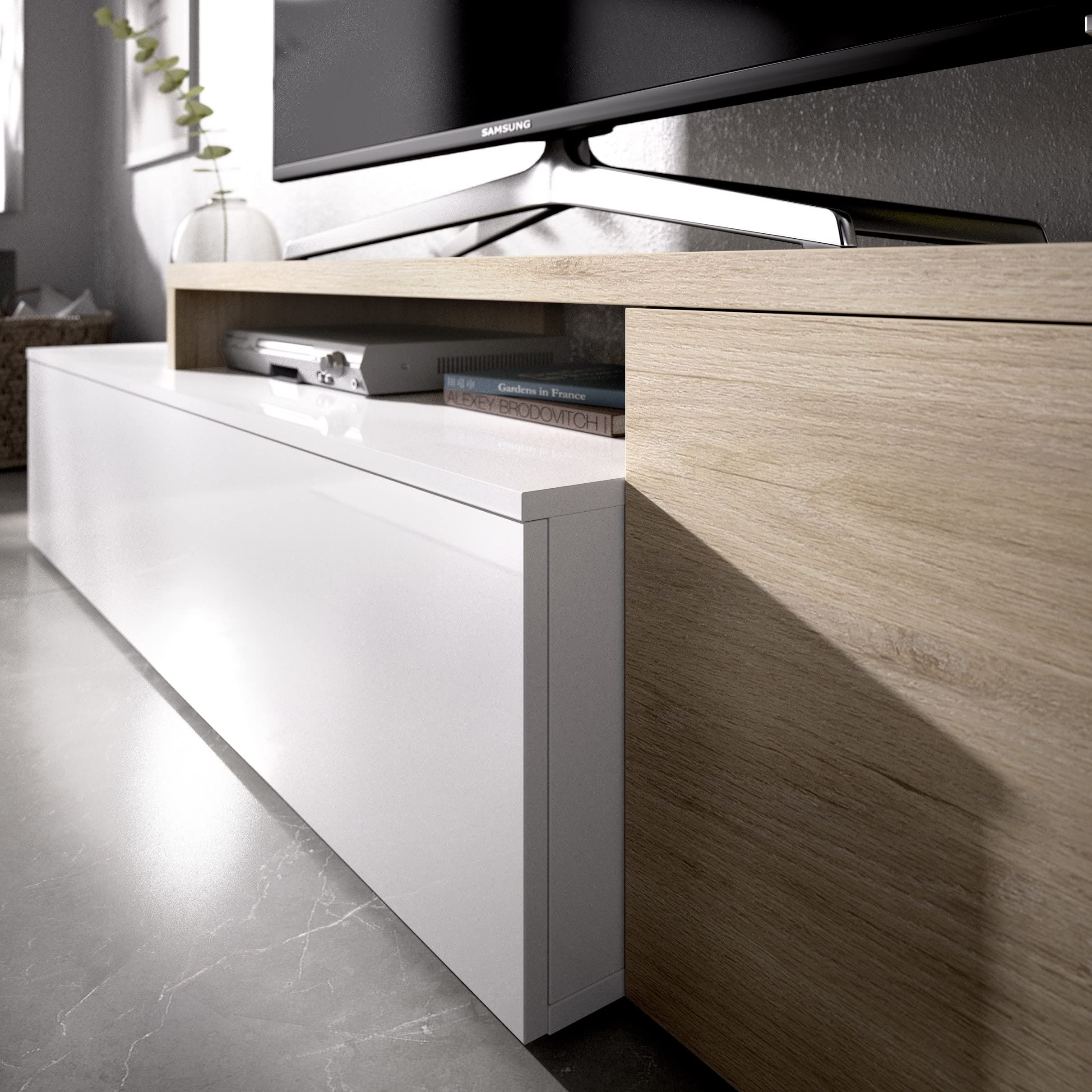 Parete attrezzata porta Tv 201 cm Marylin Bianco lucido e Rovere Naturale - Bianco e Naturale