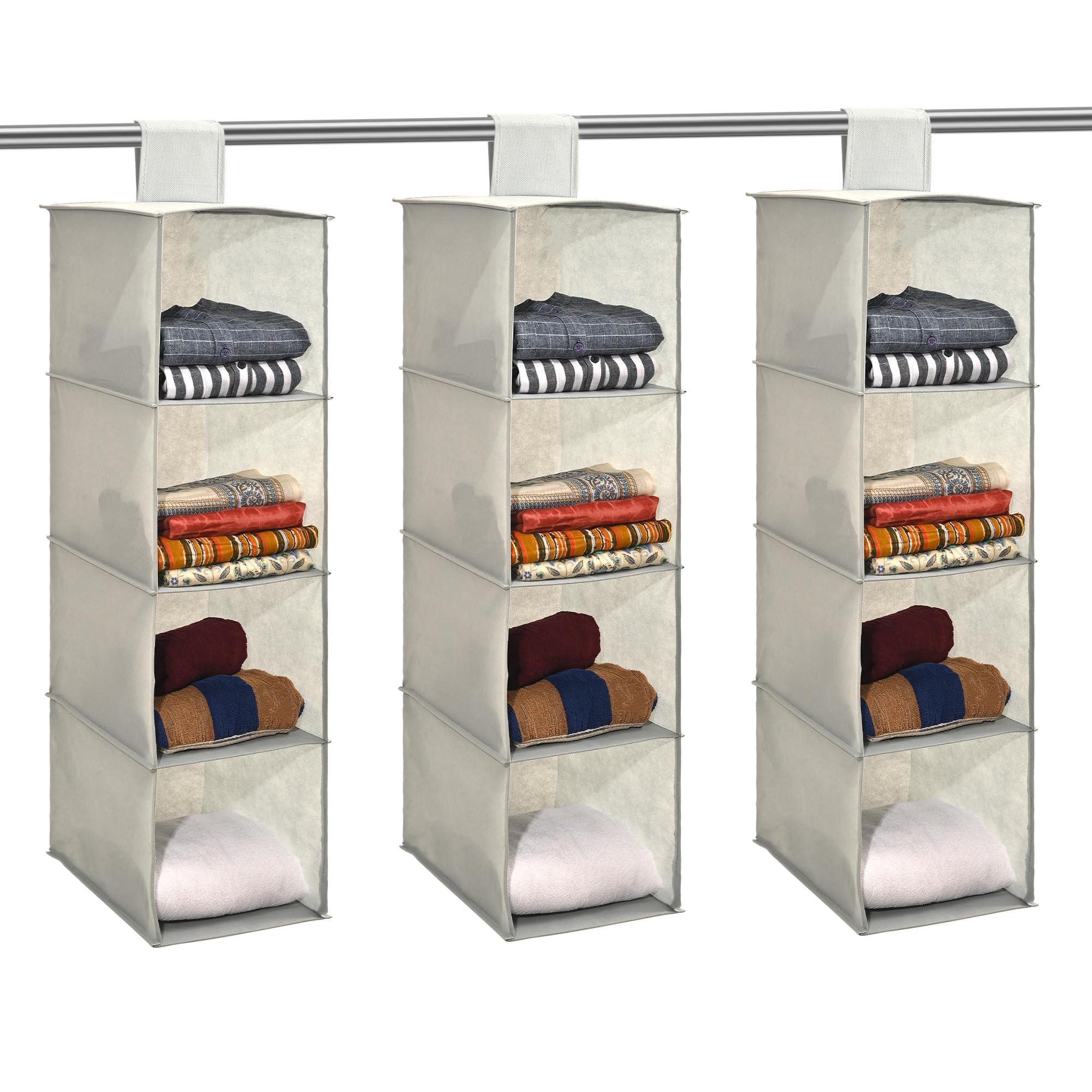 Kuber Industries 3 PcsFoldable 4 Shelf Hanging Closet Organizer | Multipurpose Wardrobe/Cupboard/Almirah Hanging Organiser | Plain - Grey