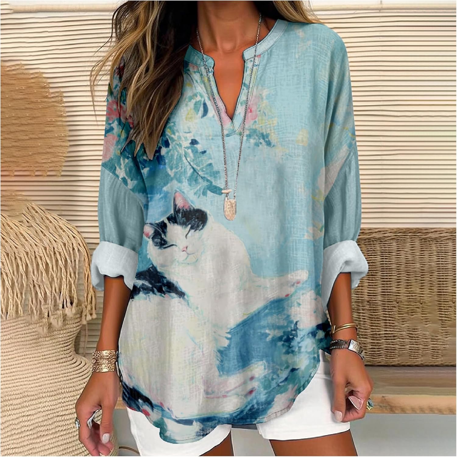 MARSVOVO Cat Shirts for Women Long Sleeve Cute Cat Pullover Graphic Novelty V Neck Blouse Oversized Funny Tunic Tops - Image 2