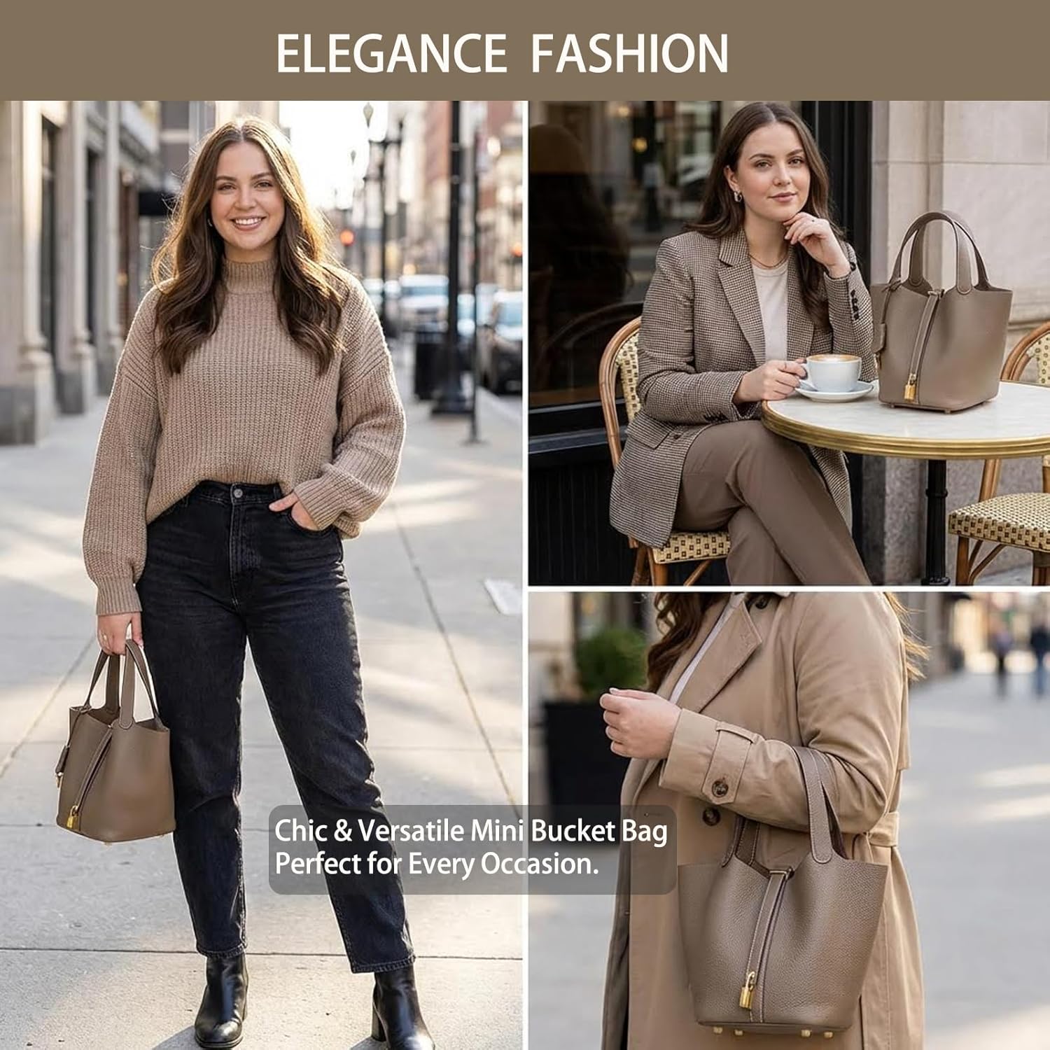 Genuine Leather Lock Design Bucket Bag for Women, Vegetable Basket Fashionable Versatile Handbag (Grey) - Image 4