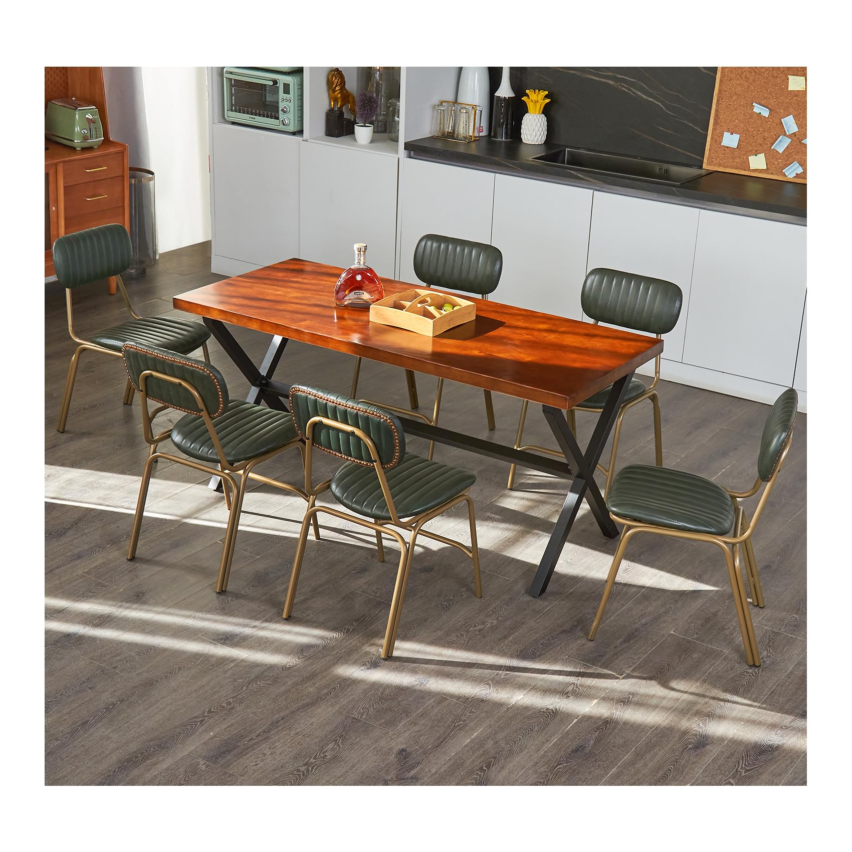 Hansweld Mid Century Modern Dining Chairs Set of 6, Retro Chair with Faux Leather Upholstered Seat/Backrests & Vintage Distressing Metal Legs & Leg