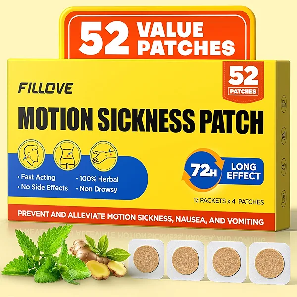 FILLOVE 52ct Motion Sickness Patches Non-Drowsy, 72H Lasting Sea Sickness Patches Cruise Essentials 2025, 100% Natural Motion Sickness Patch Travel Essentials for Car Airplane Ship Altitude Sickness