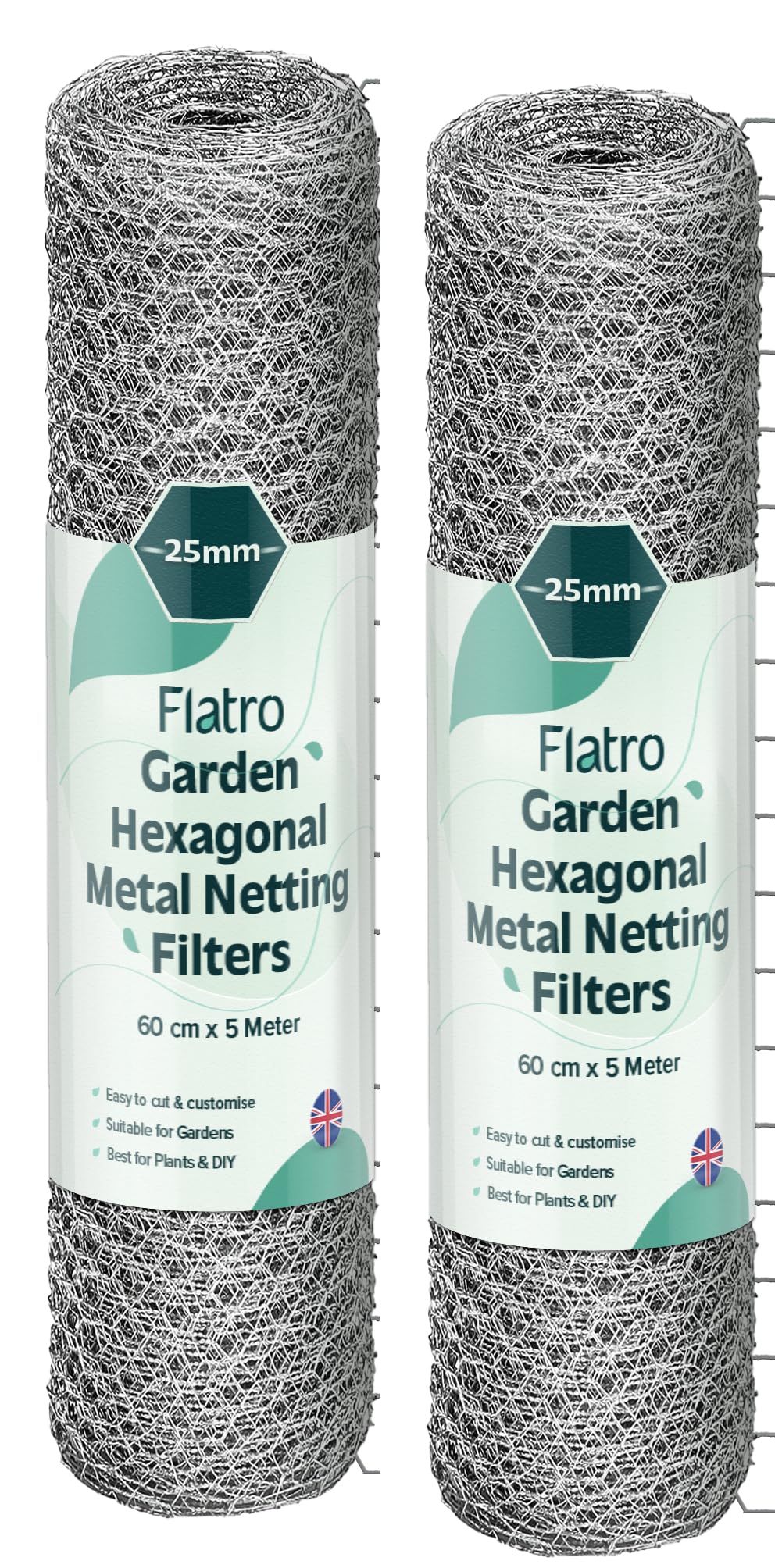 Flatro Chicken Wire Mesh Roll 60cm X 5m | Galvanised Hexagonal Metal Mesh Garden Netting Fence For Chicken Runs, Rabbit Enclosures, Protect Fruit and Plants Outdoor Boundary Fencing (25mm (Pack of 2))