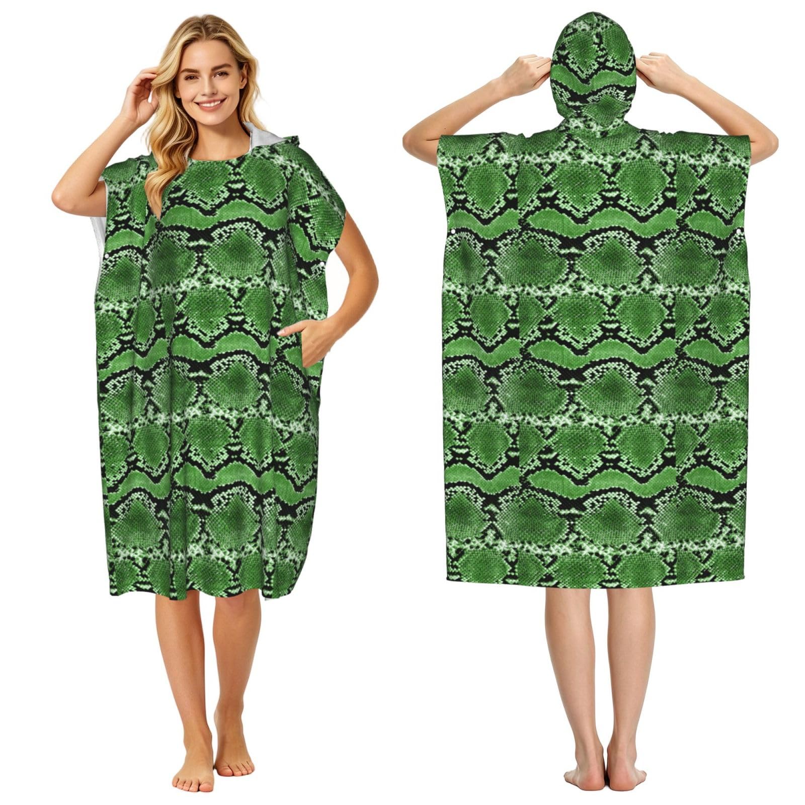Poadnly Green Snakeskin Print, Adult Hooded Beach Towel 90 x 110 cm,Changing Bath Robe, Surf Poncho Towel For Women Men