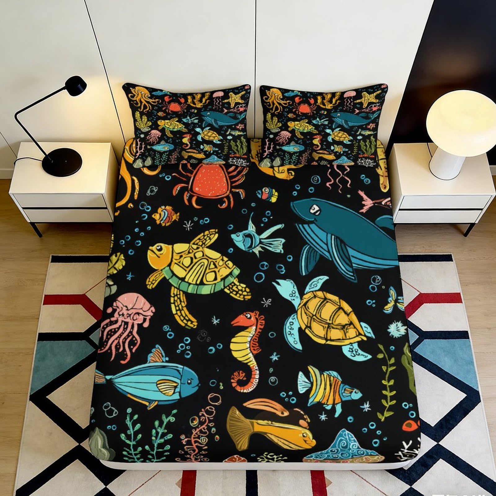 Dhbaneiok Style-6 3D Printed Ocean Life Fitted Sheet Microfiber Breathable Marine Animals Bed Cover For Bedroom Dorm Mattress Protection Decor 90X200x25cm