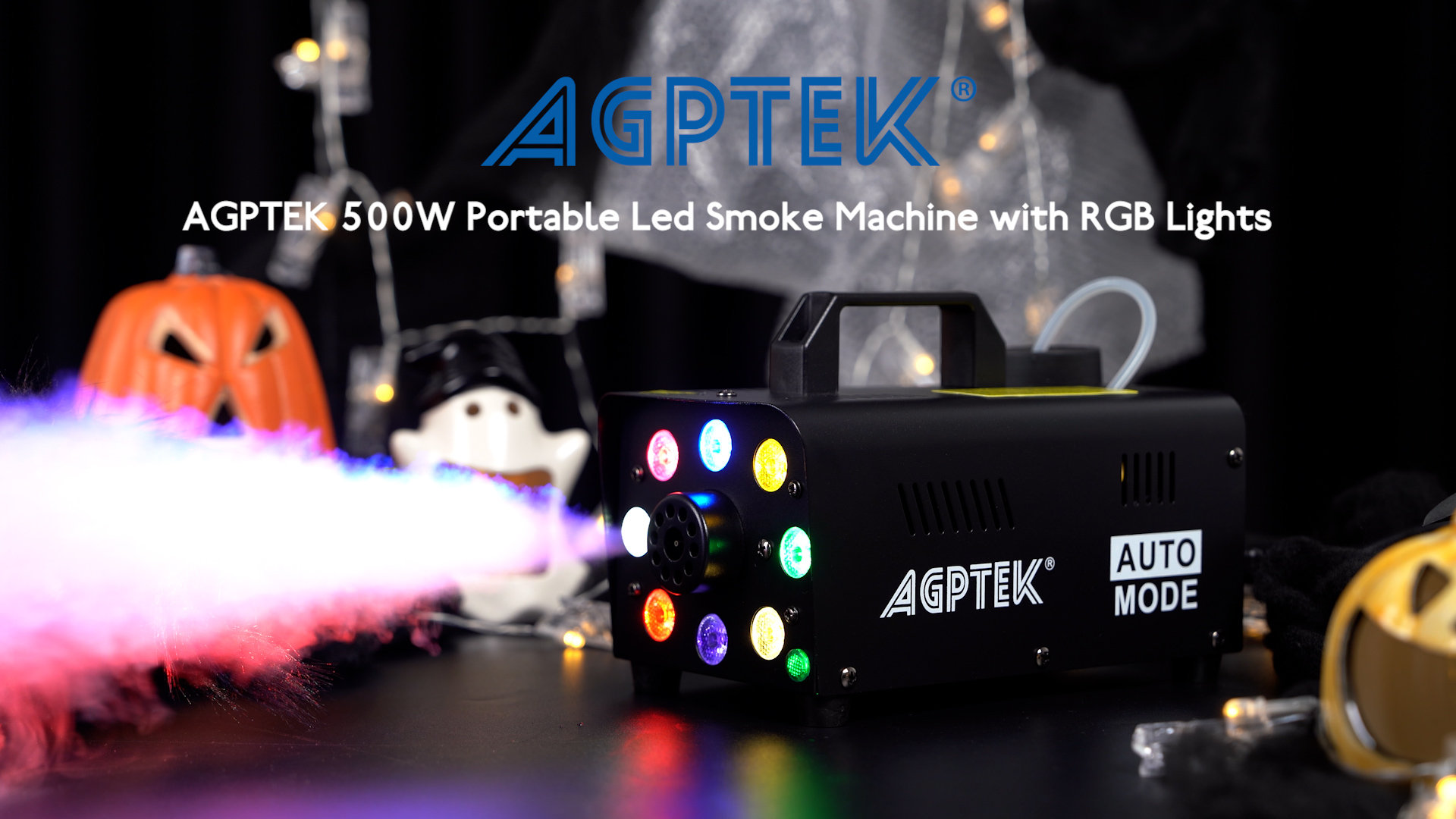 Image of AGPTEK Fog Machine, 500W Portable Led Smoke Machine with Lights (Red, Blue, Green), Upgraded Auto Mode & Wireless Remote Control for Halloween, Christmas, Wedding, Parties, DJ Performance & Stage Show
