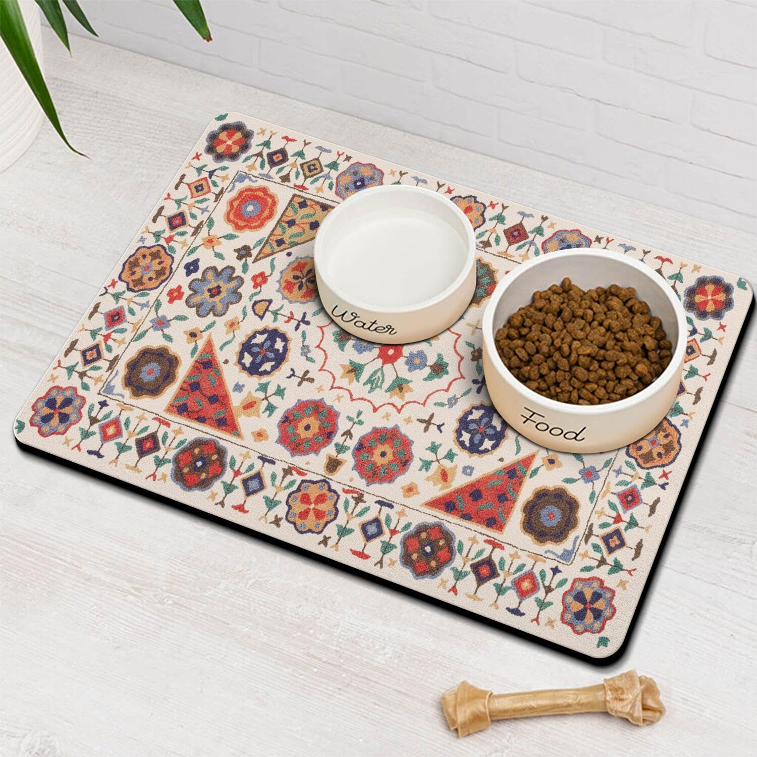 Moroccan Trellis Dog Food & Water Mat, Boho Colorful Vintage Pet Feeding Mat for Floor Non-Slip Waterproof, Super Absorbent Cat Bowl Mat, Easy to Clean Durable Pet Placemat,16" ร 24" โ image 1
