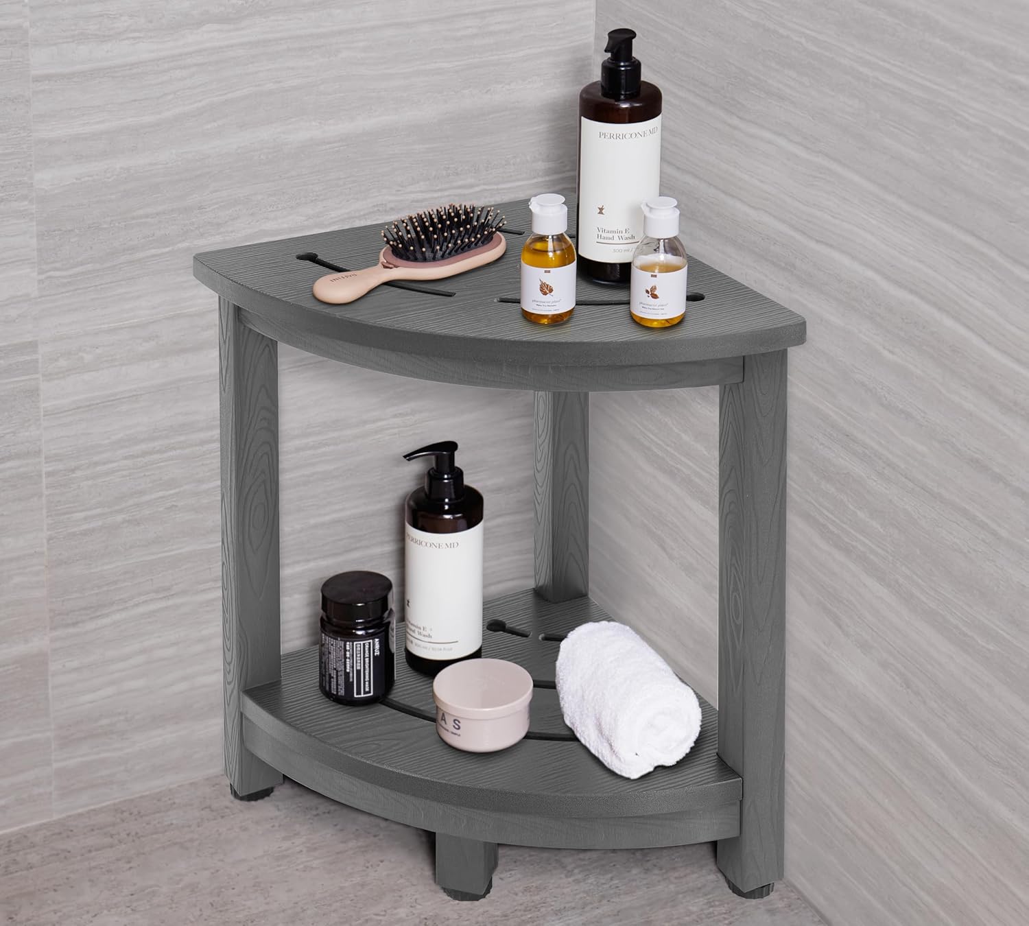 Y&M Corner Shower Stool for Inside Shower, Waterproof Shower Caddies for Shaving Legs, 2-Tier Bath Bench with Storage Shelf for Bathroom, Living Room, Indoor or Outdoor Use, Grey
