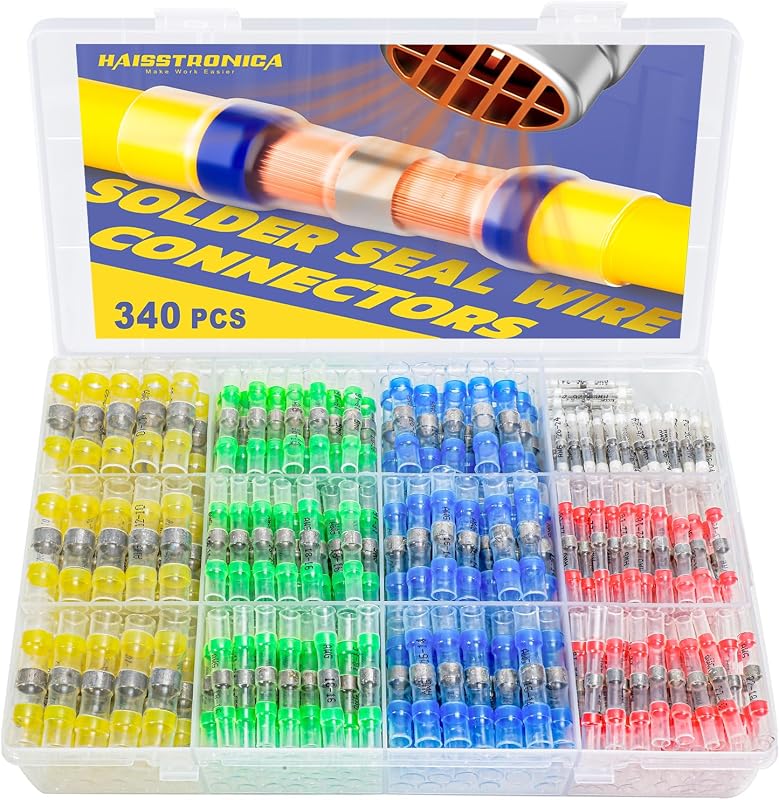 haisstronica 340PCS Solder Seal Wire Connectors Kit, 5 Colors/5 Sizes | 26-10 AWG, Wire Gauge Markings, Clear Sleeves, Hot-Melt Adhesive Rings, Compartment Storage, Automotive Wiring