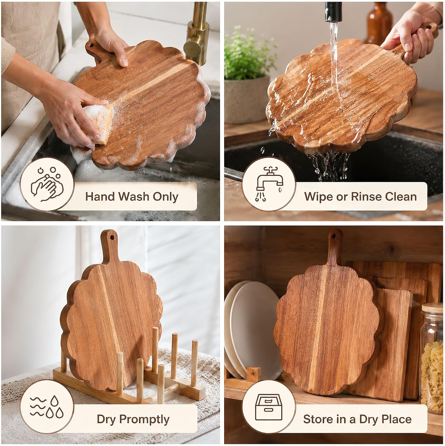 2 Pcs Acacia Wood Scalloped Cutting Board, Set with Handle Charcuterie | Acacia Wood, Round and Rectangle Boards, Built-In Handle, Scalloped Edge, For Charcuterie Cheese Fruit Bread Serving