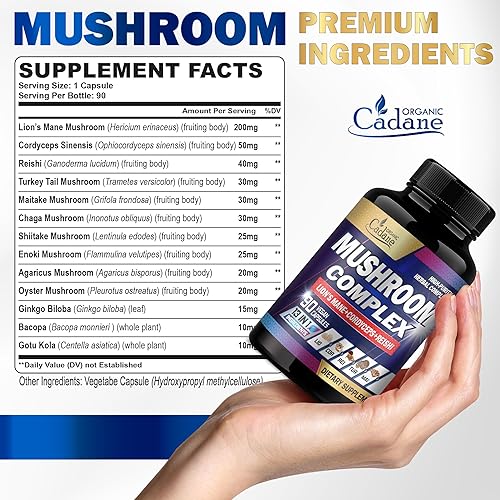 Miniatura 2 de Organic Cadane Suplementos complejos de hongos para suministro de 3 meses  Melena de león 13 en 1, Cordyceps Sinensis, Reishi, hongo de cola de