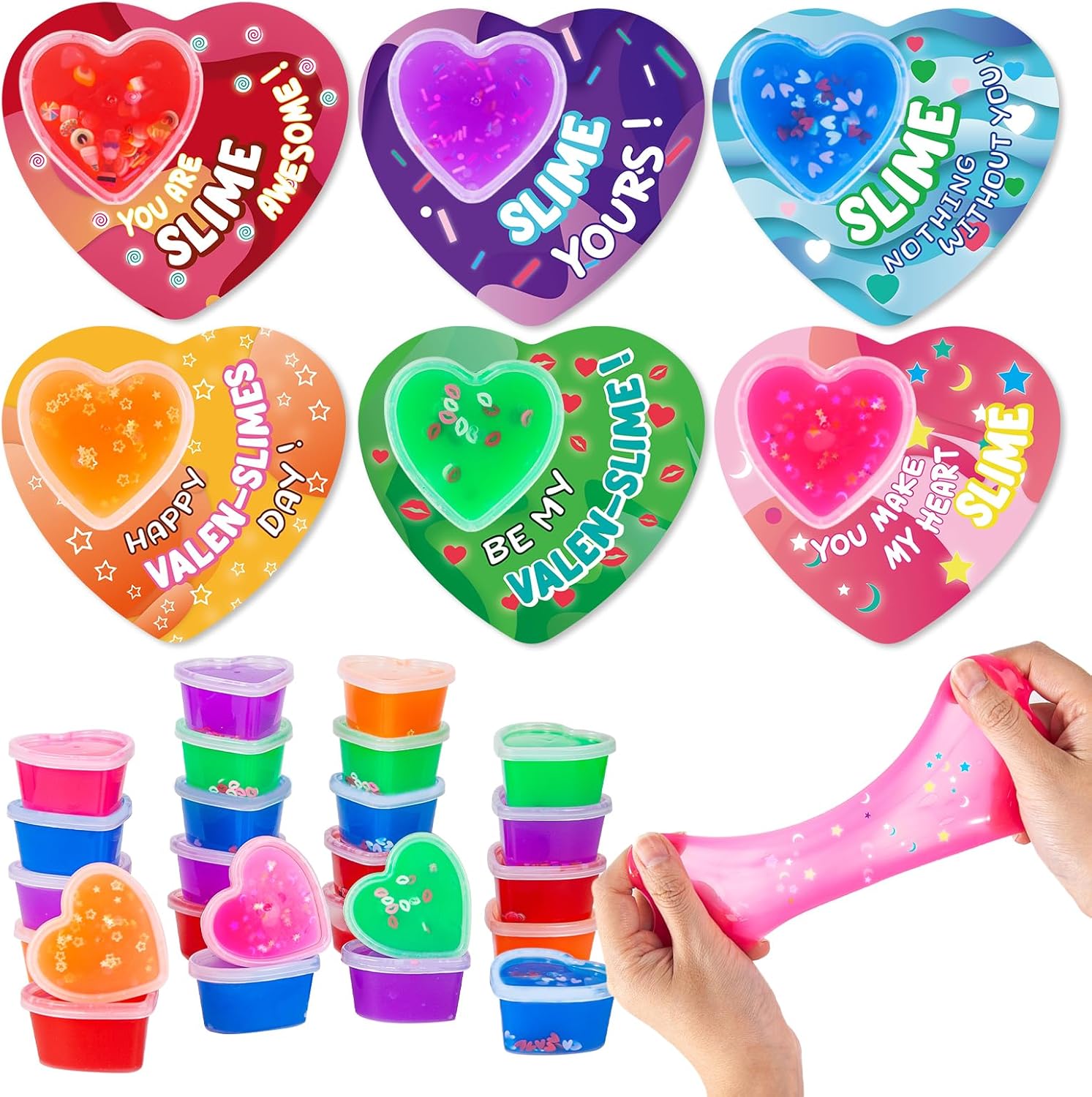 SpringFlower Valentines Day Cards for Kids- 30 Set of Heart Shape Slime Toys and Cards Bulk for Valentine Exchange Gifts, Valentines Party Favors for Kids, School Classroom Valentine's Prizes