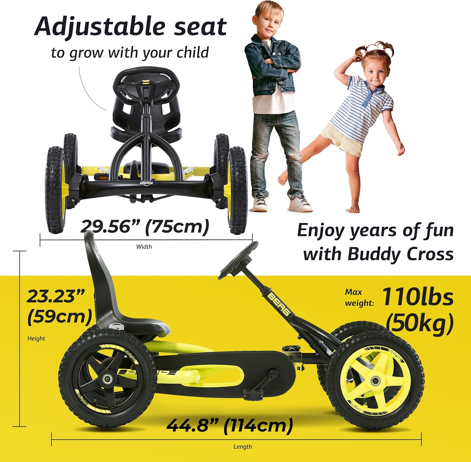 Diagram showing the adjustable seat feature of the BERG Buddy Cross Go Kart