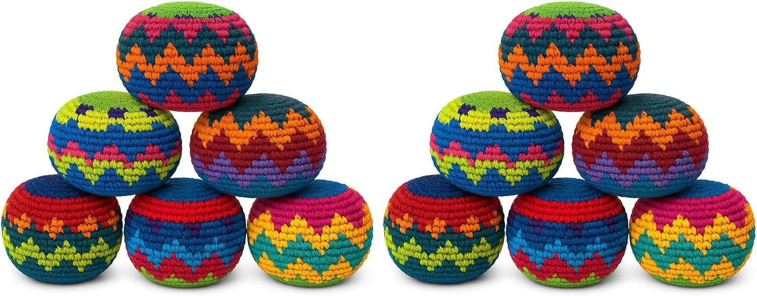 Funny Guy Mugs Hacky Kick Ball Sacks, Multicolored Crochet Assorted Geometric Pattern Hacky Ball, Foot Bag Kick Sack, Indoor and Outdoor Toys for Kids and Adults, Set of 6 (Pack of 2)