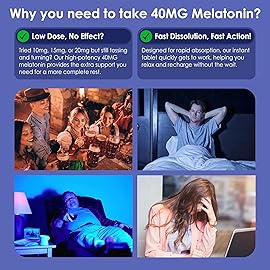 Melatonin 40 mg for Adults - Fast Dissolve & Chewable Sublingual Sleep Supplement - Extra Strength Melatonin with Vitamin D3 & MSM, Selenium for Health Rest Cycle, Deep Zzzs, Sugar-Free, 180 Servings