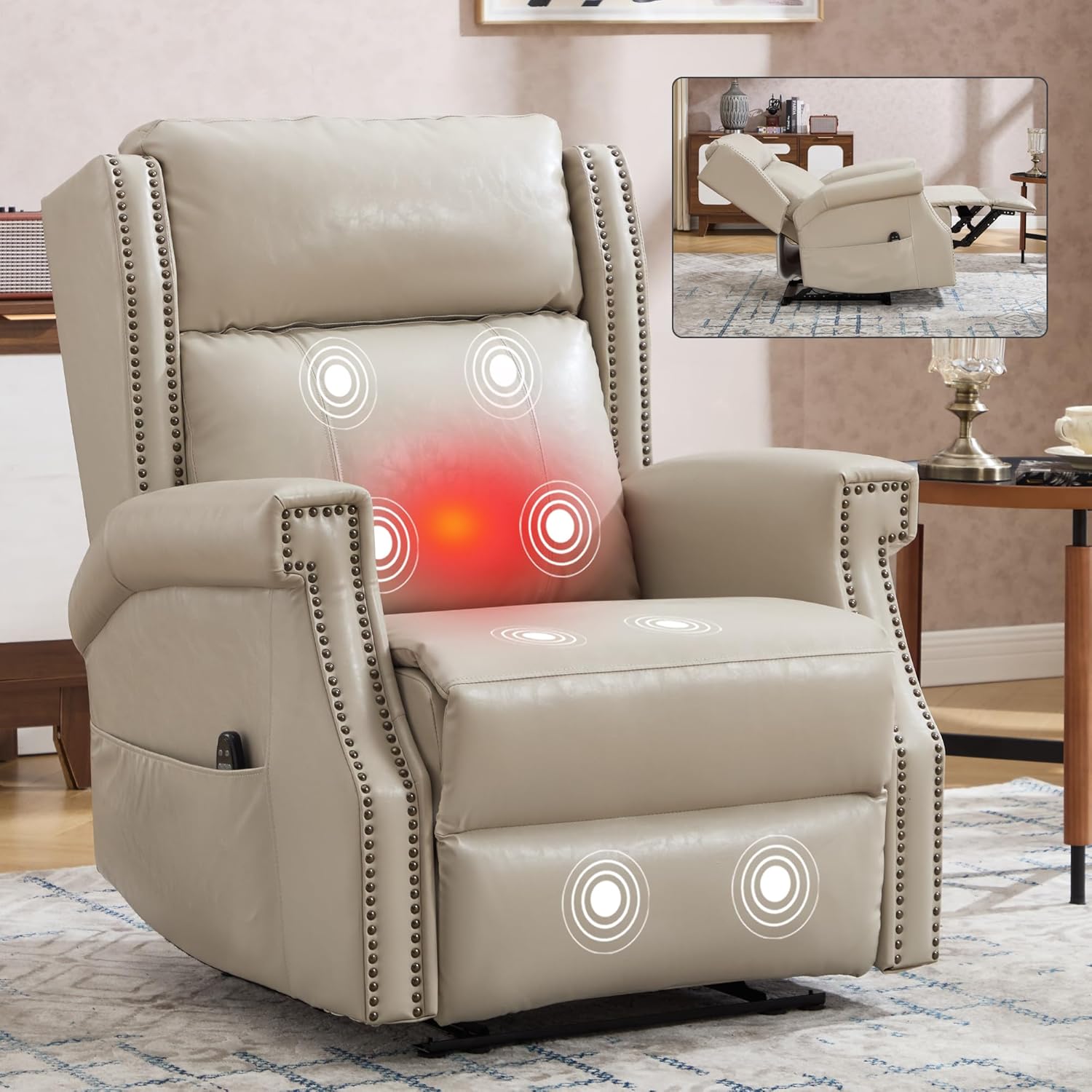 Trustyue Recliner Chair with Rocker and Swivel,Massage & Heat Rocking Chair Nursery Glider Recliner, Sturdy Swivel Rocker Recliner for Living Room (Beige, Faux Leather)