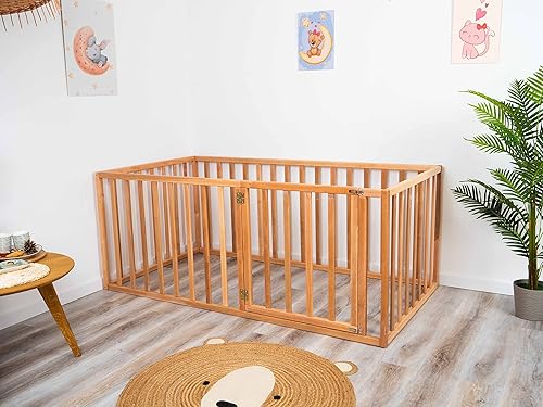 Miniatura 6 de Montessori - Cama para niños pequeños con rieles de 31.4 pulgadas, cama de piso fabricada en Europa para niños de madera de aliso, corral de juegos