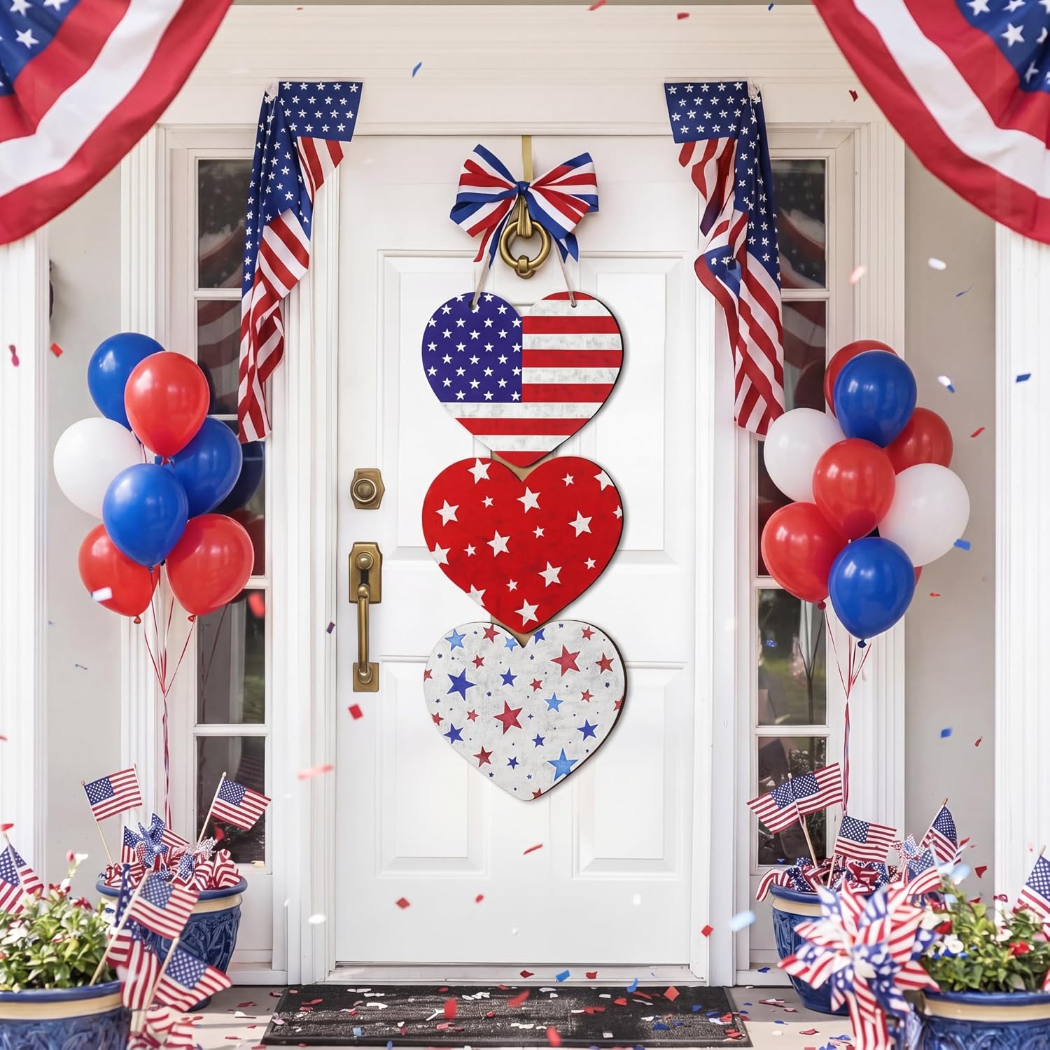 RattanView 4th of July Decoration for Front Door Red White Blue Rustic Heart Patriotic Wreath 250th Anniversary Wooden Hanging Sign Independence Day Decorations for Door Porch Decor