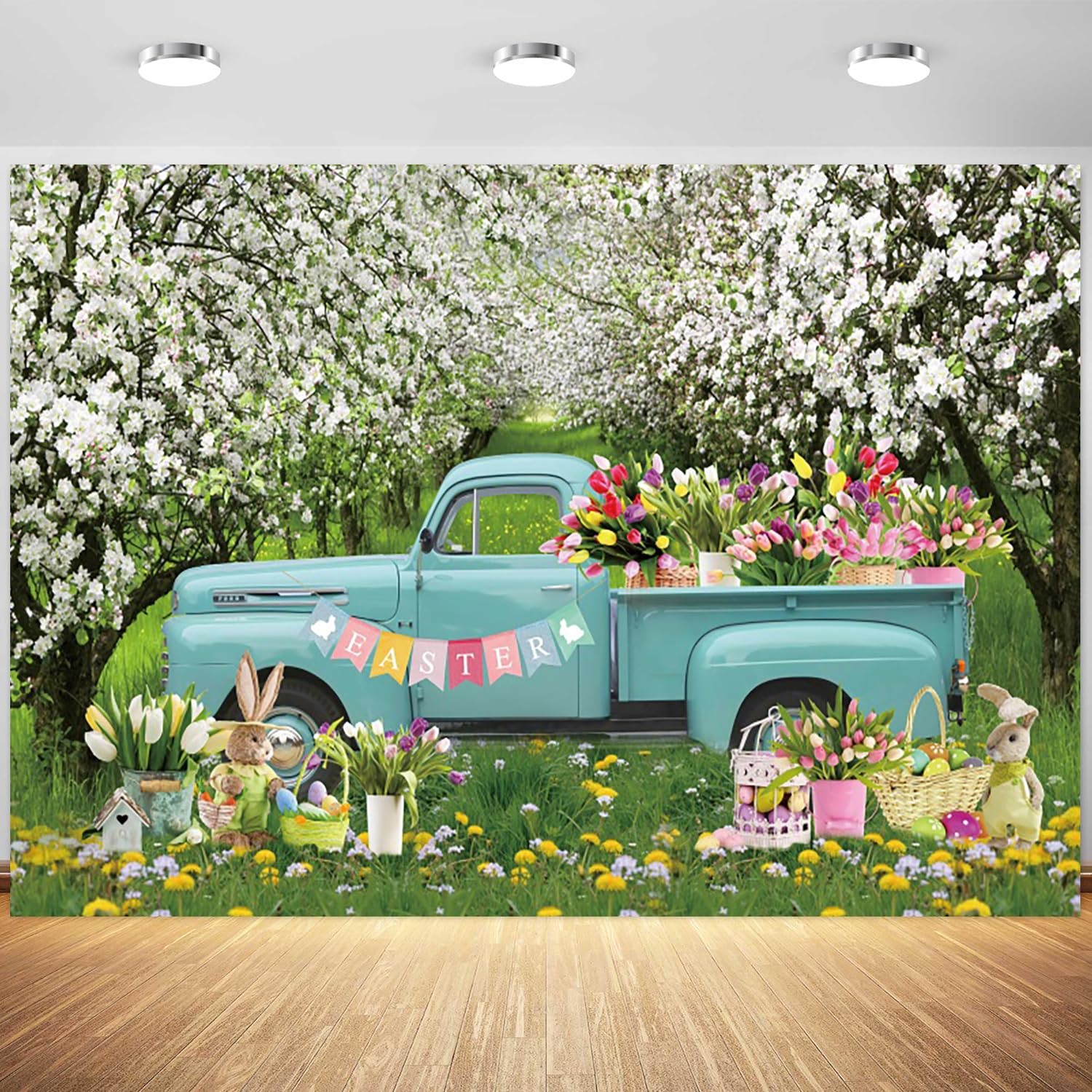10x8ft Spring Easter Backdrop Blue Truck Colorful Flowers Eggs Rabbits Photography Background Floral Forest Photoshoot Party Banner Decorations