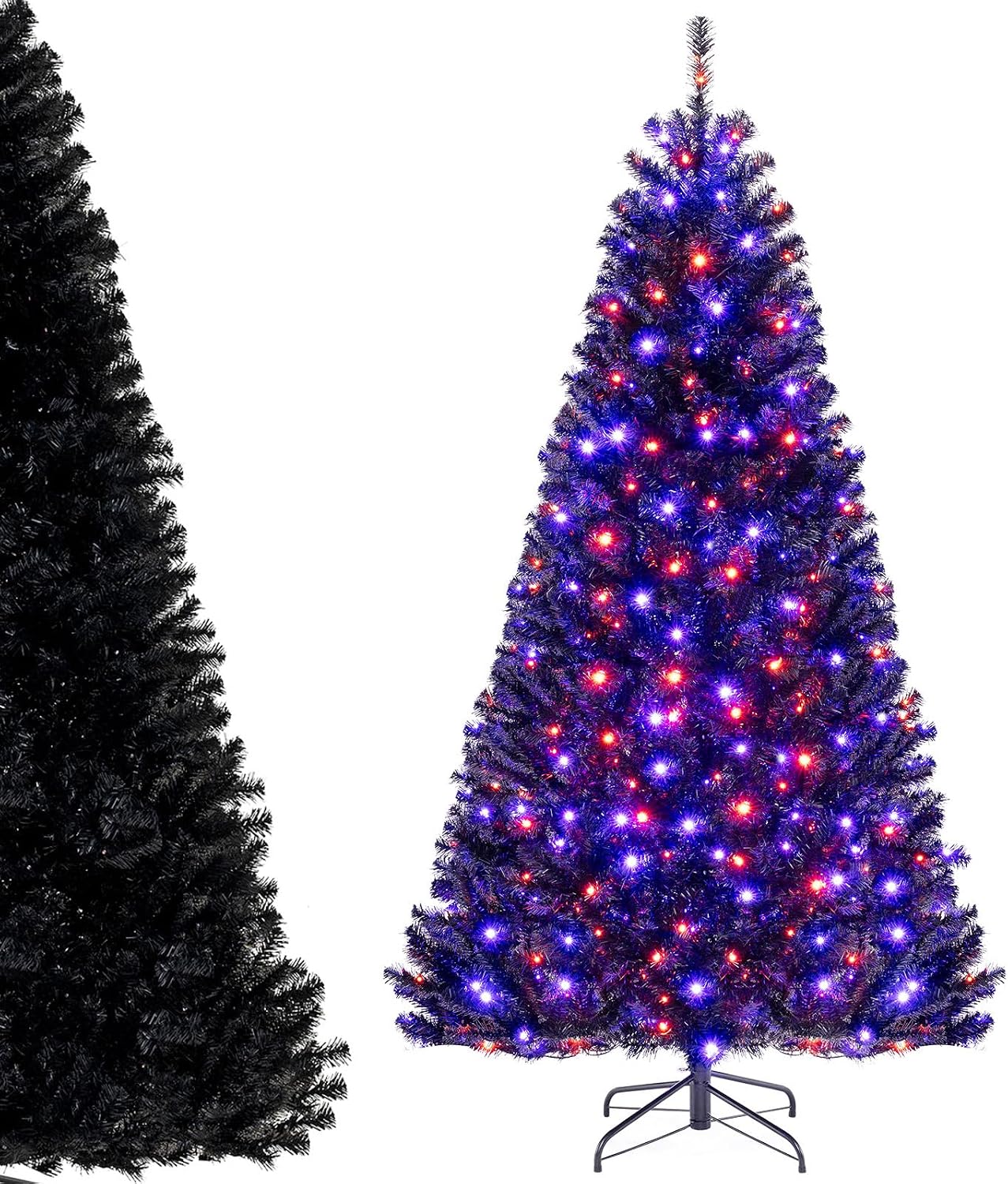 DORTALA Pre-Lit Black Christmas Tree 7FT, Artificial Xmas Tree with 380 Orange & Purple LED Lights, 6 Lighting Modes,1040 Branch Tips, Holiday Halloween Tree for Home Party
