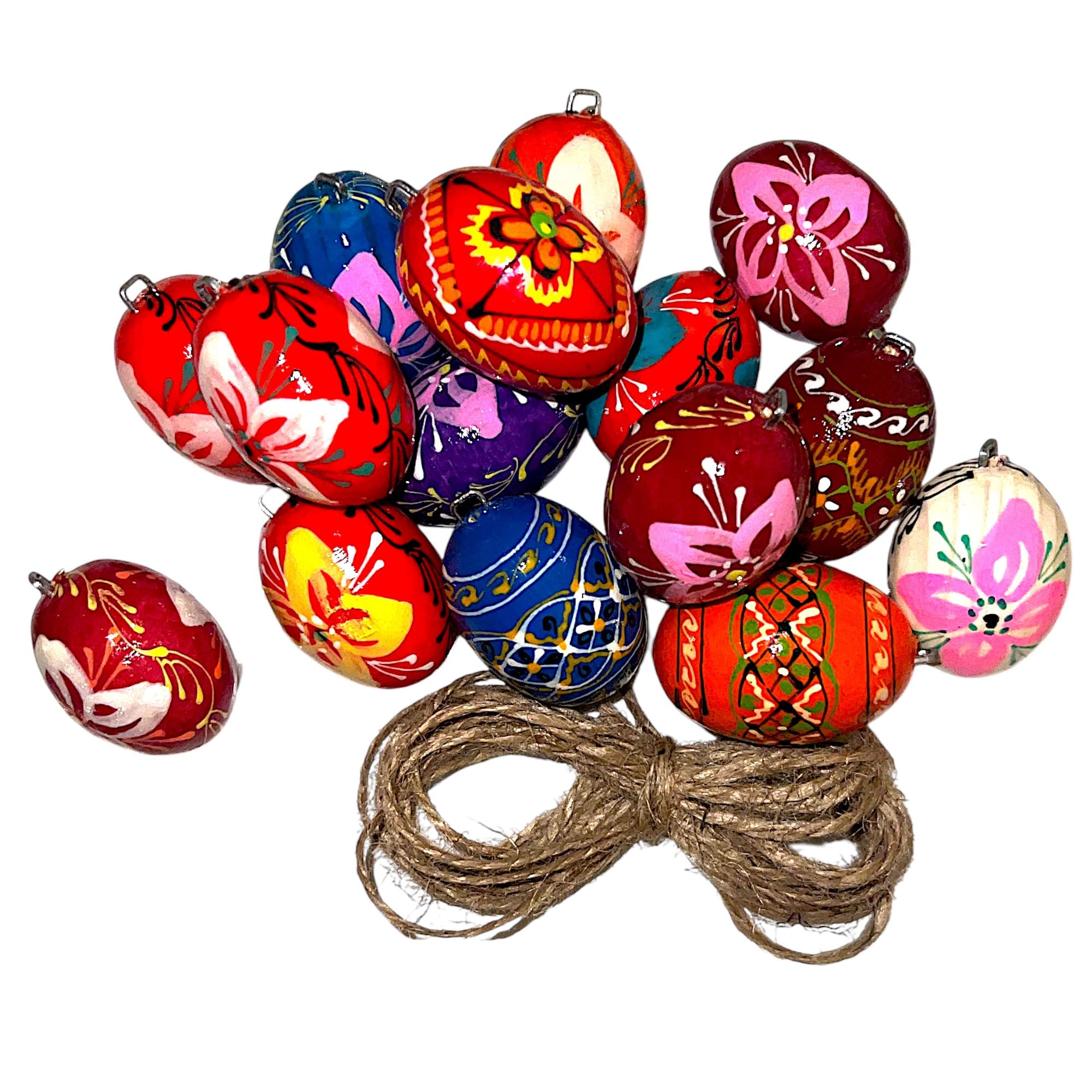 Ukrainisches Kunsthandwerk® 13 KLEINE (Wachtelei) Holz Ostereier Handbemalt Ink. Aufhänger für draußen Handarbeit aus der Ukraine (Blumen/Ornamente)