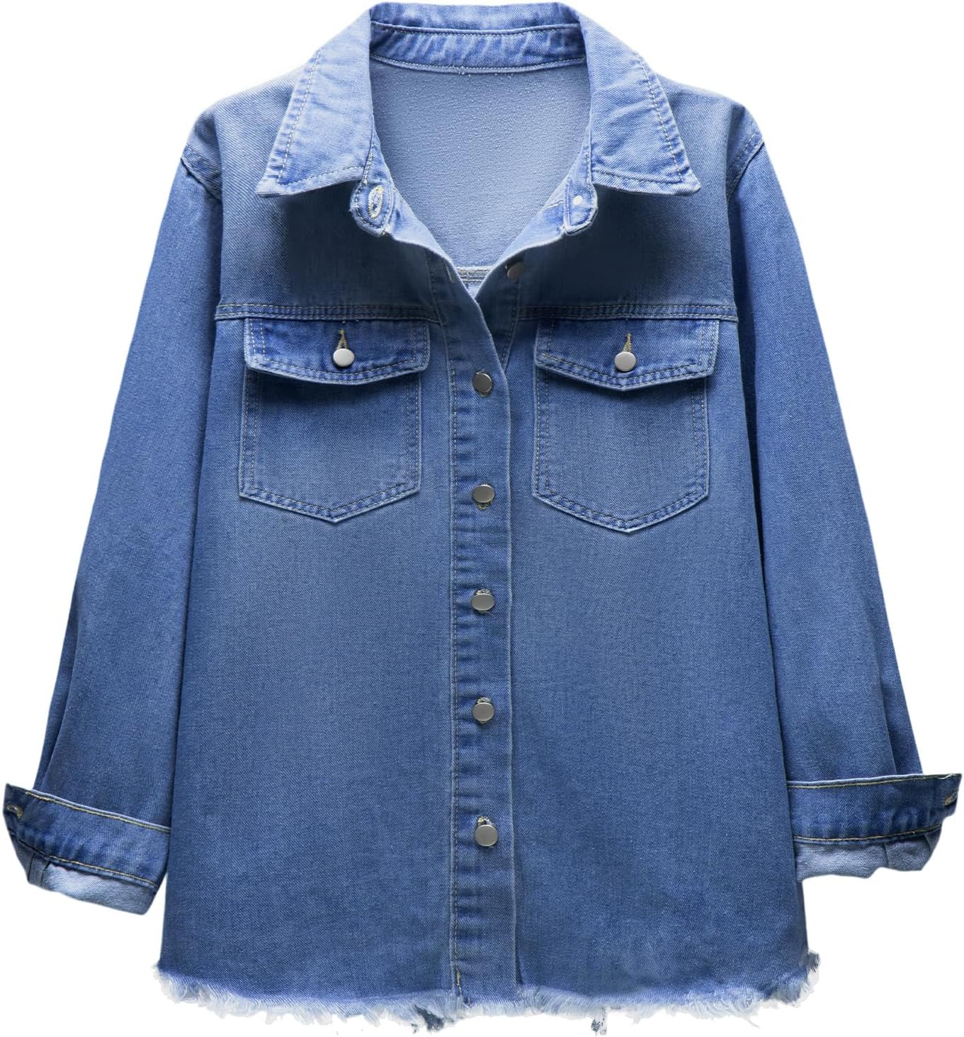 Women's Oversized Jean Jacket Casual Long Sleeve Distressed Denim Shacket image 4