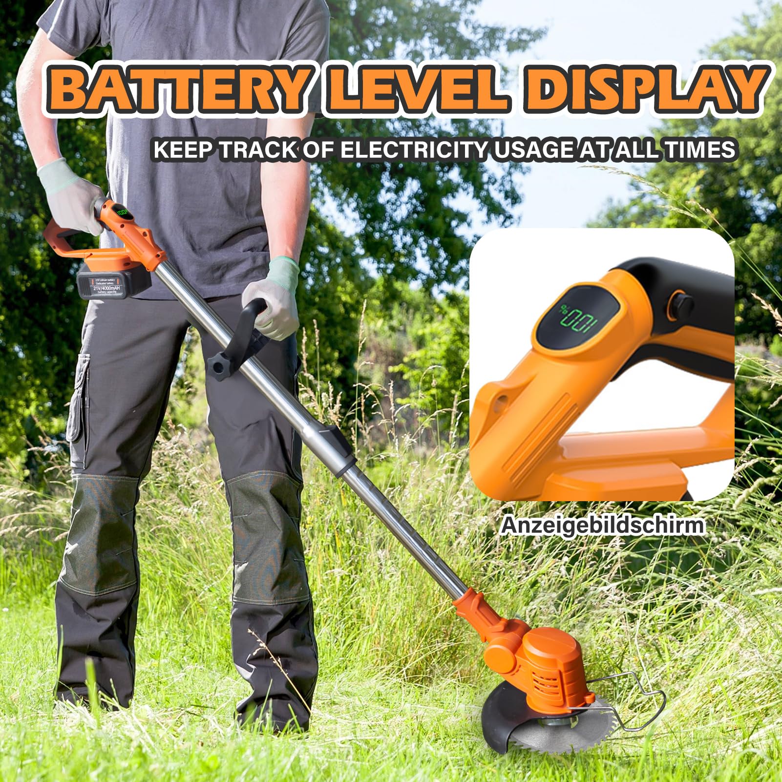 Desbrozadora Batería 21V, Desbrozadora Eléctrica con 2x4.0Ah Baterías y Cargador, 3 En 1 Cortabordes Bateria con Mango Retráctil para Césped, Arbustos y Maleza