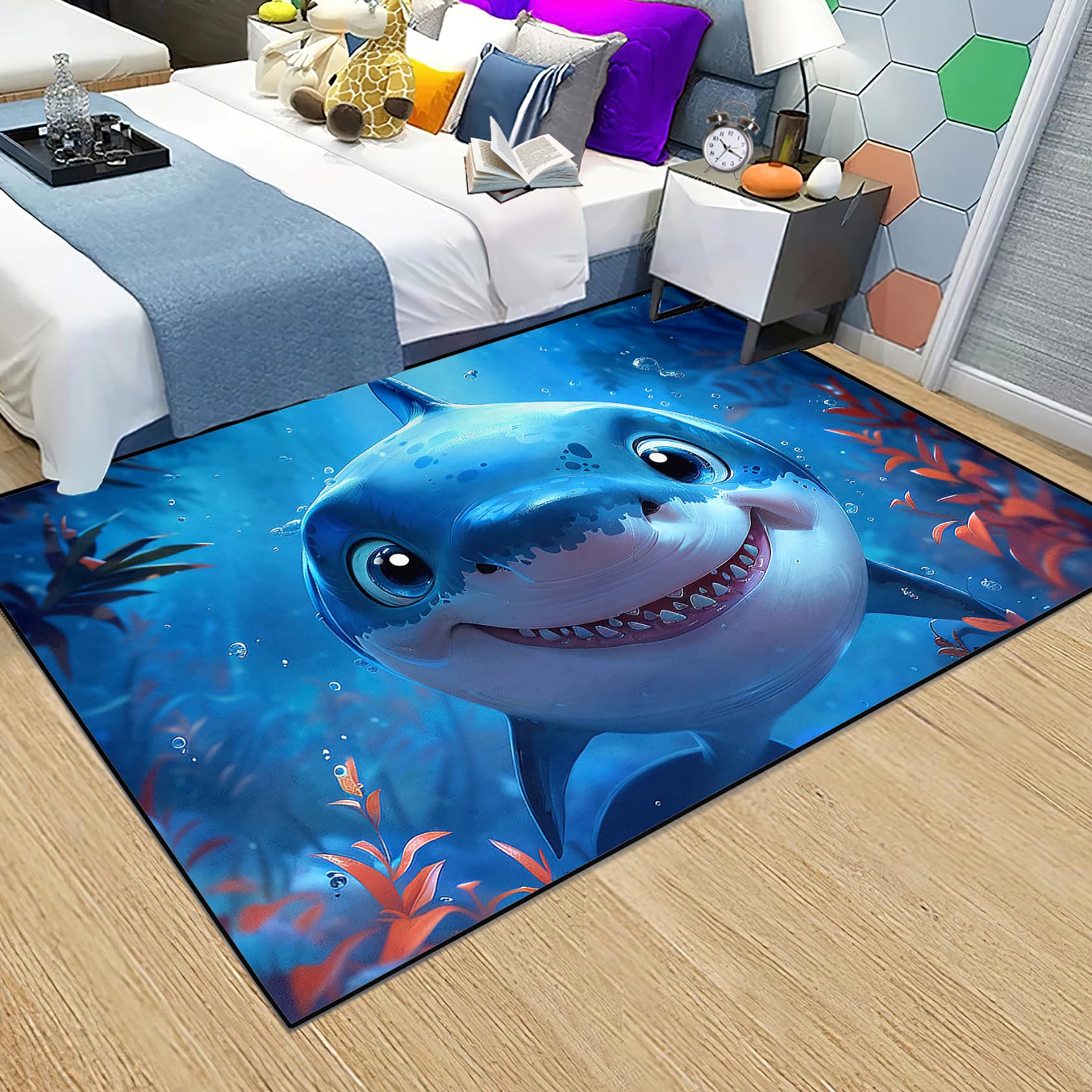 CDIWIDH Cute Shark Rug - Shark Area Rug for Kids Room, Cartoon Shark Carpet for Bedroom Ocean Sea Aniaml Rug Kids Area Rugs for Bedroom Playroom Living Room 5x7 Feet