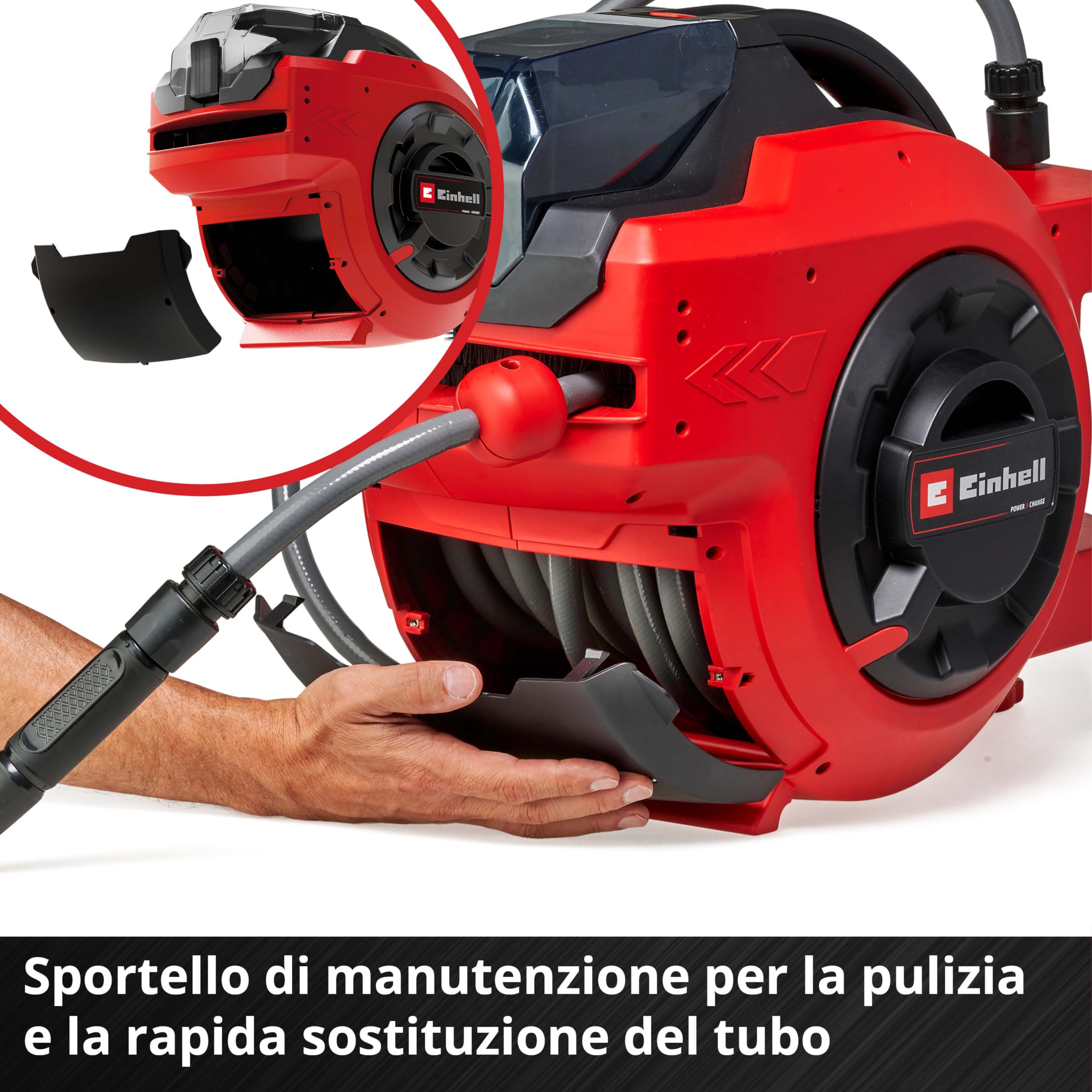 Einhell Tamburo avvolgitubo a batteria GE-HR 18/30 Li-Solo Power X-Change (avvolgitubo automatico, orientabile fino a 180°, supporto a parete, tubo e irroratore, manichetta da 30 m, senza batteria)