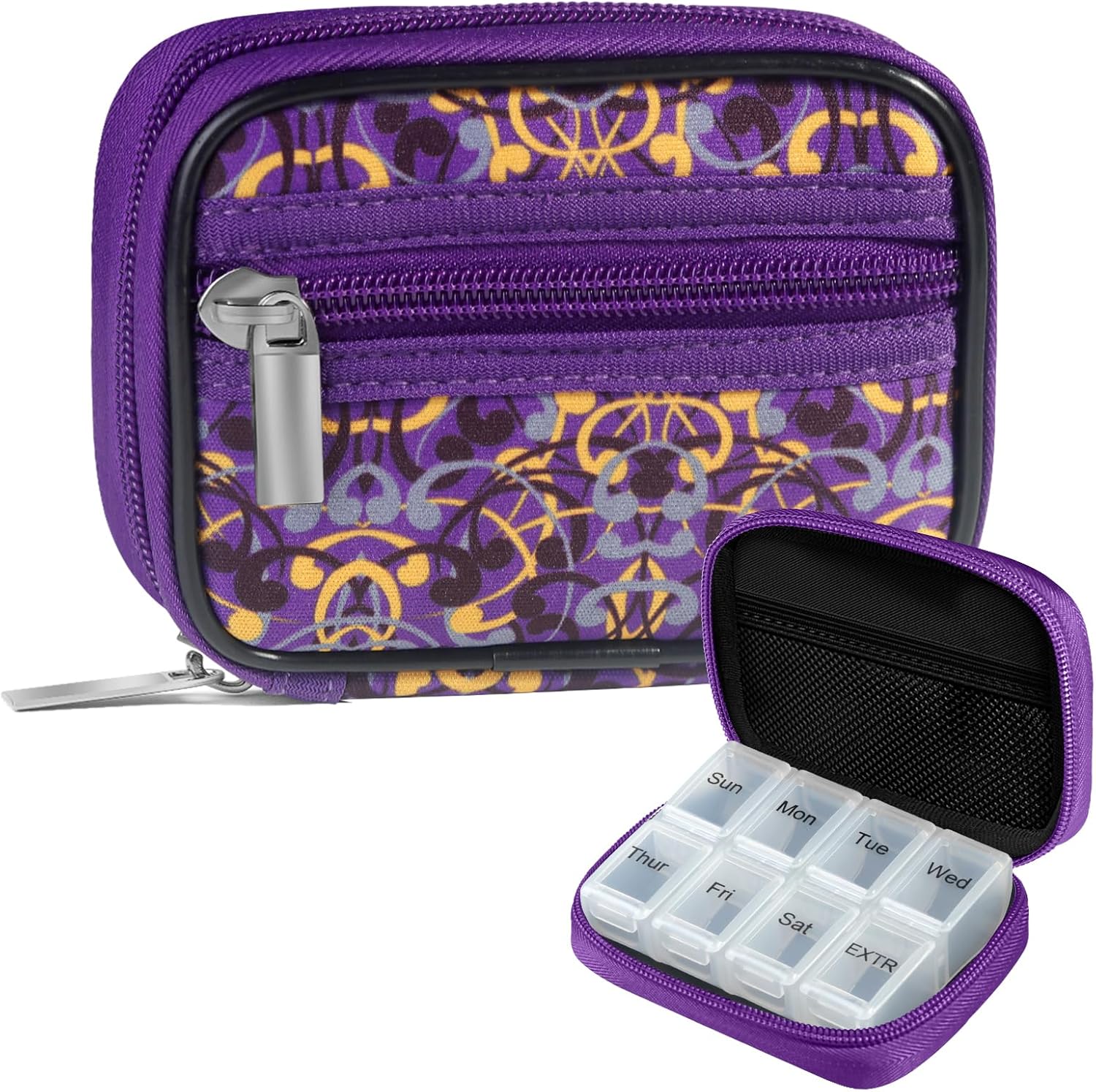 Pill Case Weekly Travel Pill Organizer for Purse with Removable 7 Day Pill Box Premium Neoprene Pill Container for Travel Purse Accessory, Vitamin, Supplement, Small Pieces Arrangement-Purple