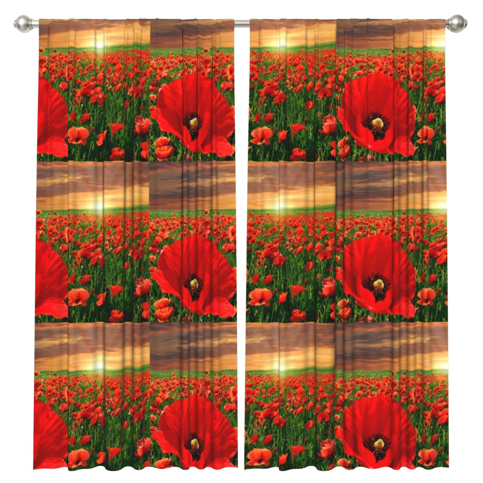 InOmak Sunset Poppy Field, 2 Panels Window Curtains 52 x 84 Inch Blackout Curtains for Living Room Bedroom