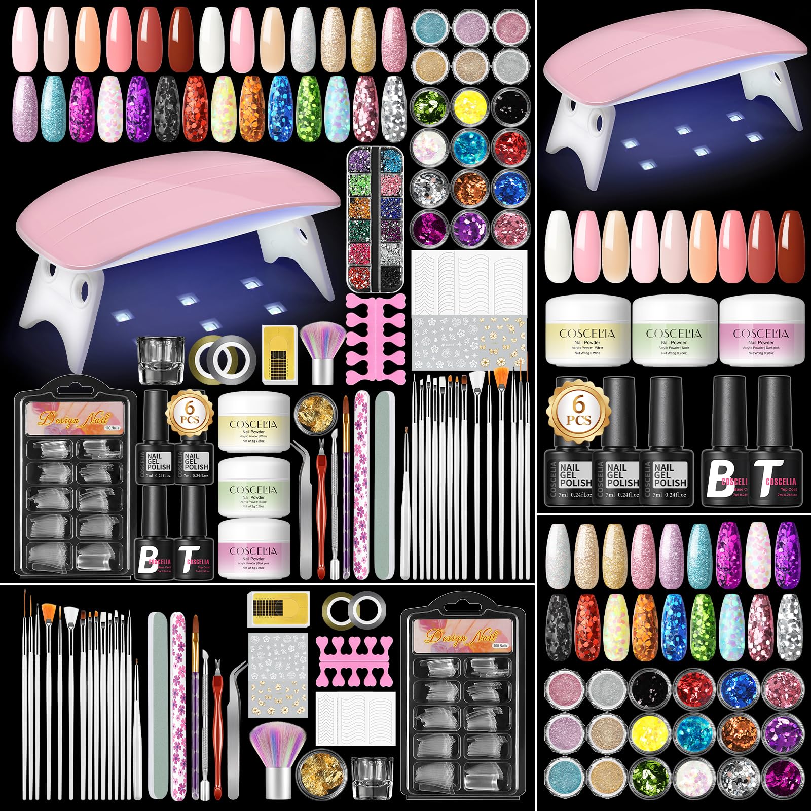 COSCELIA Kit Acrylique Ongles,3 Couleurs Nude Blanc Rose Poudre Acrylique pour Ongles 6 Couleurs Kit Faux Ongles Gel U V Complet avec Kit Lampe Vernis Semi Permanent Base Top Coat pour Débutants