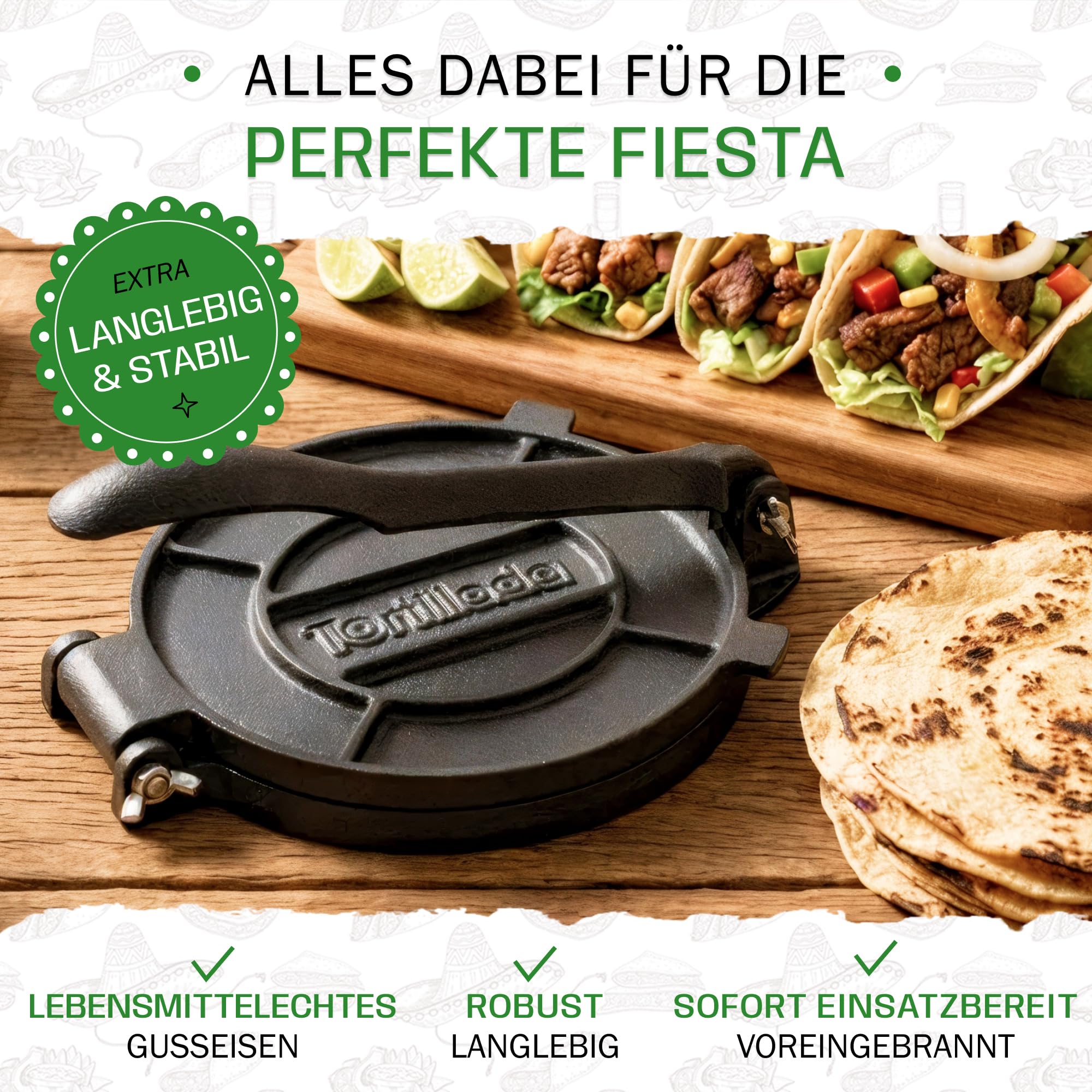 Tortillada - Tortilla Presse/Quesadilla, Roti Maker aus Gusseisen mit Rezepten inkl. E-Book mit 50 Tortilla Rezepten (20 cm)