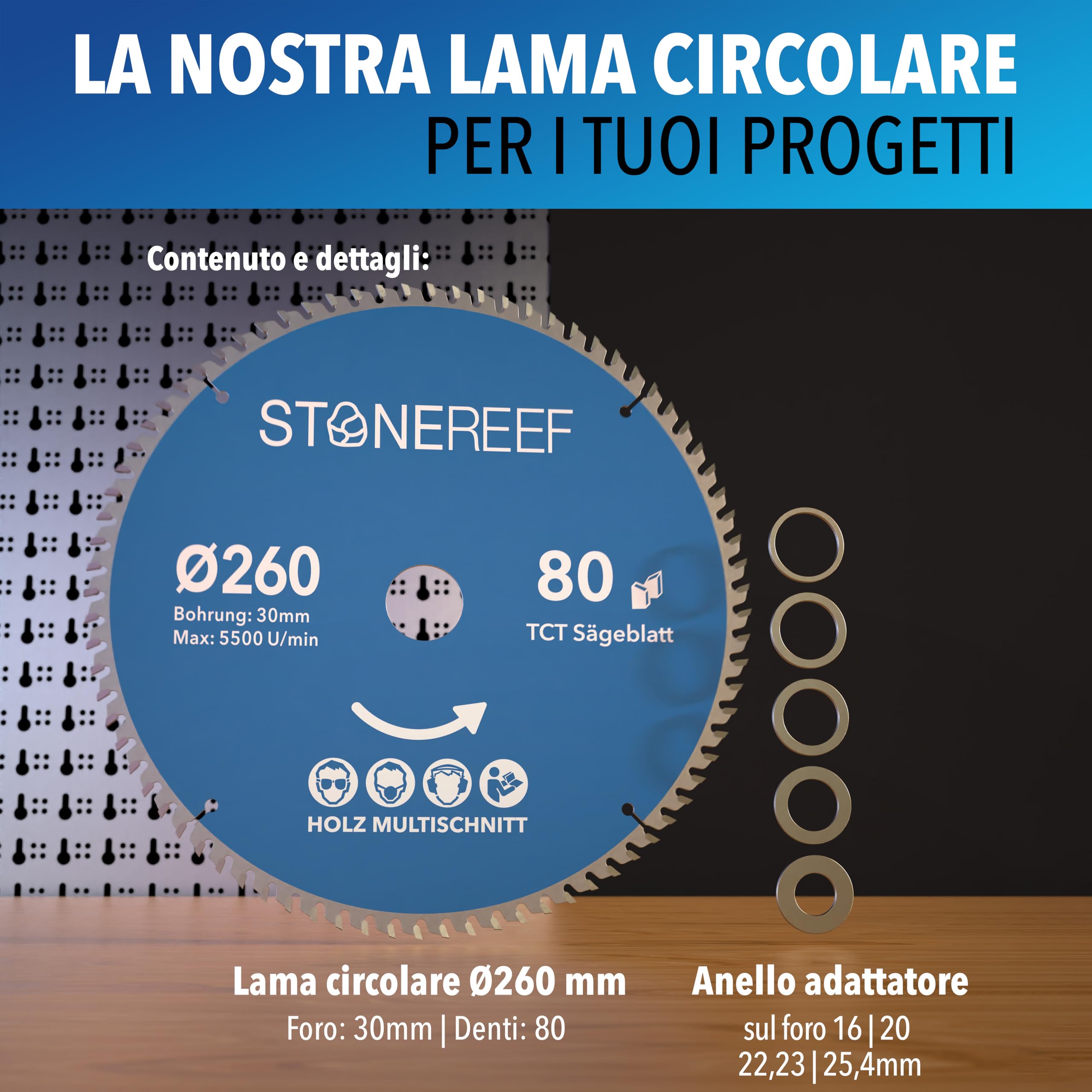 Lama per sega circolare 260 x 30 cm, con adattatore per foro da 20 e 16 mm, compatibile con smerigliatrice angolare di Bosch, Makita ecc. – Lama per sega circolare – per legno