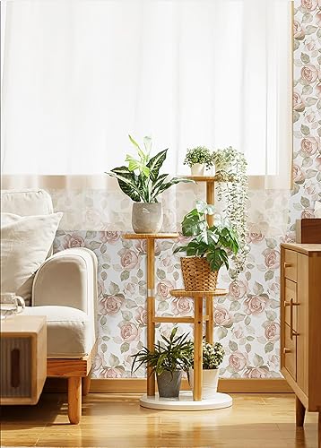 Miniatura 2 de Papel tapiz floral de 16.1 x 197 pulgadas, papel tapiz de contacto con flores, diseño de hojas de rosas rosa claro, papel autoadhesivo extraíble
