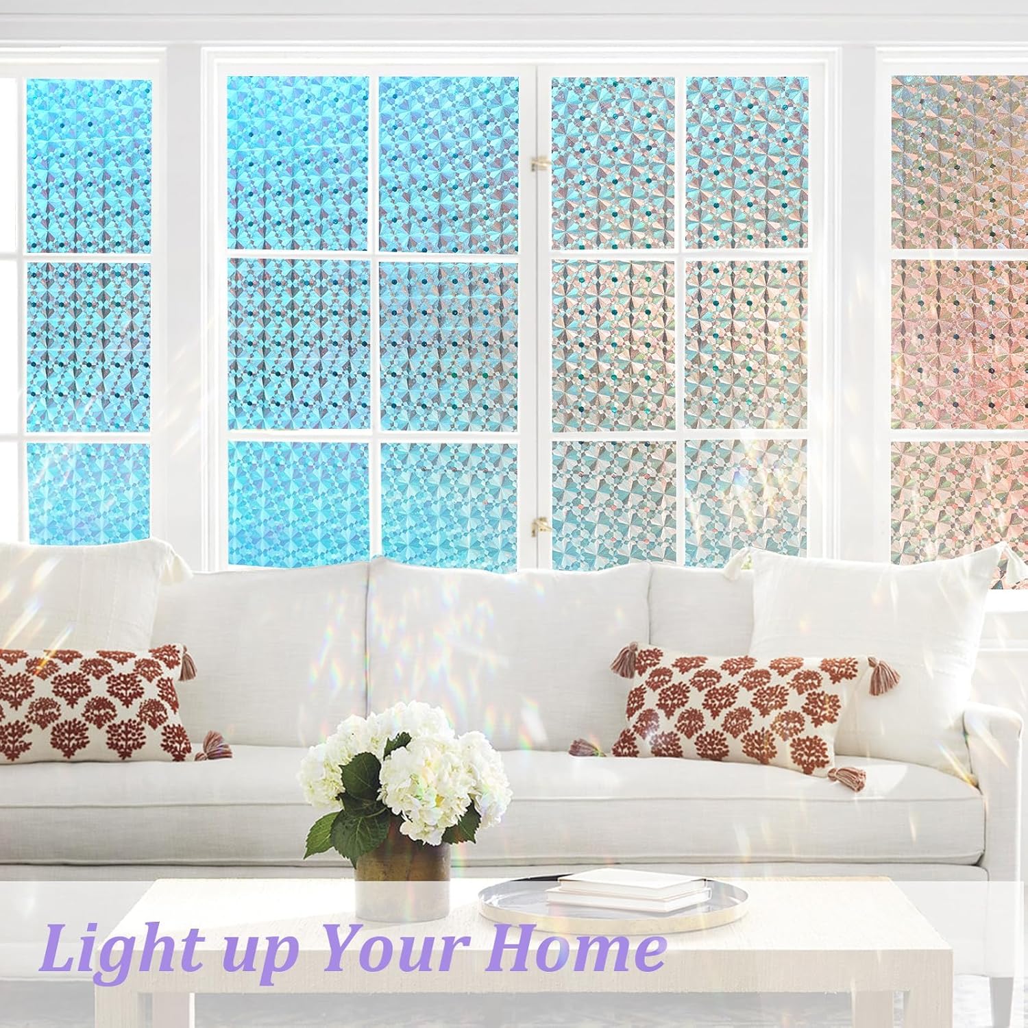 Windimiley 3D Diamond Stained Window Privacy Film, Rainbow Static Cling Decorative Glass Covering, No Glue Removable Vinyl, UV Blocking Heat Control for Bathroom Bedroom Door, 35.4 x 78.7 inch