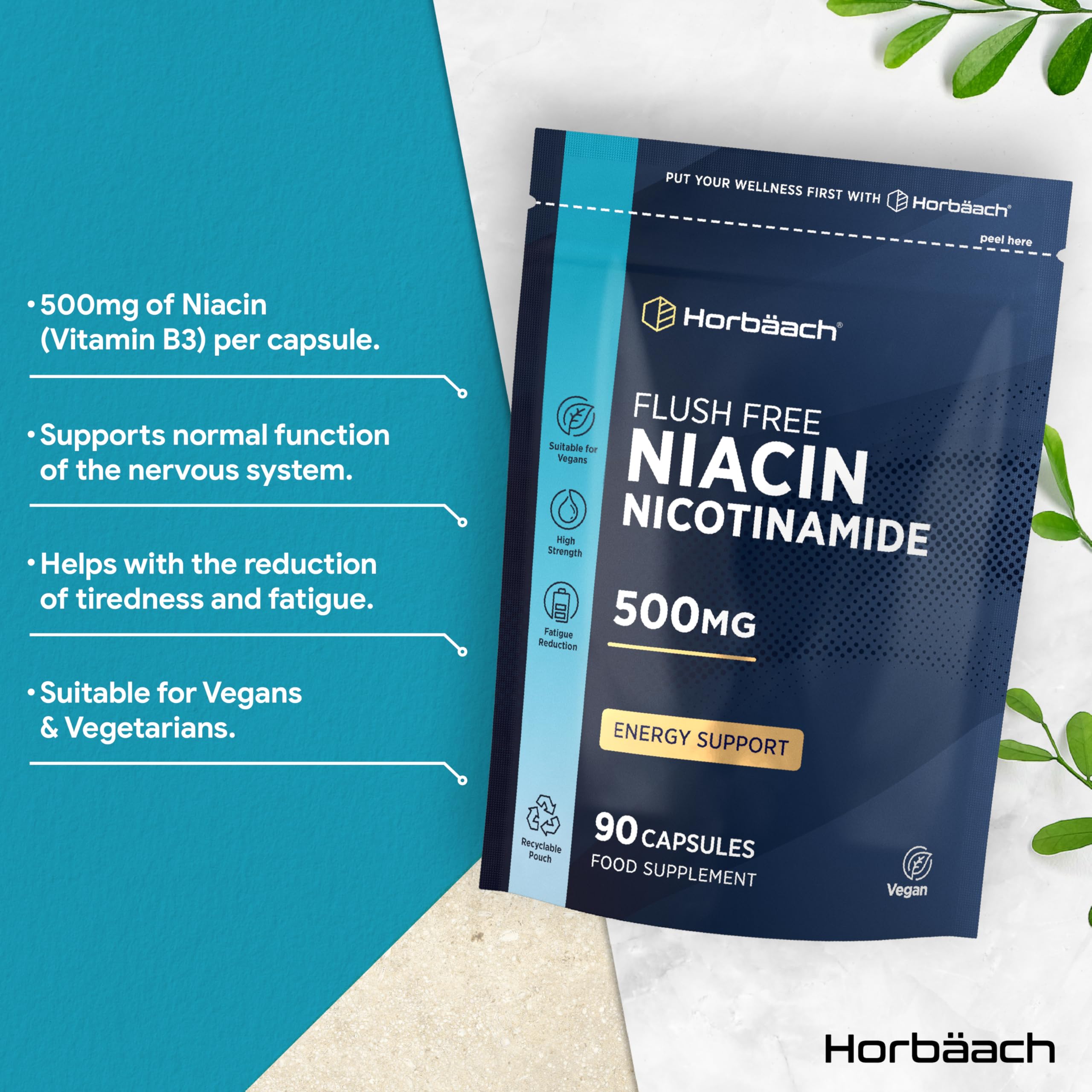 Horbäach Vitamin B3 Nicotinamide 500mg | 90 Vegan Capsules | Flush Free Niacin Supplement | No Artificial Preservatives | By - View #9