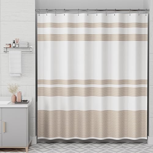 Miniatura 9 de AmazerBath Shower Curtain, 72x72 Washable Cloth Neutral Light Tan Shower Curtain with 12 Hooks, Fabric Khaki and White Striped Set, Farmhouse A
