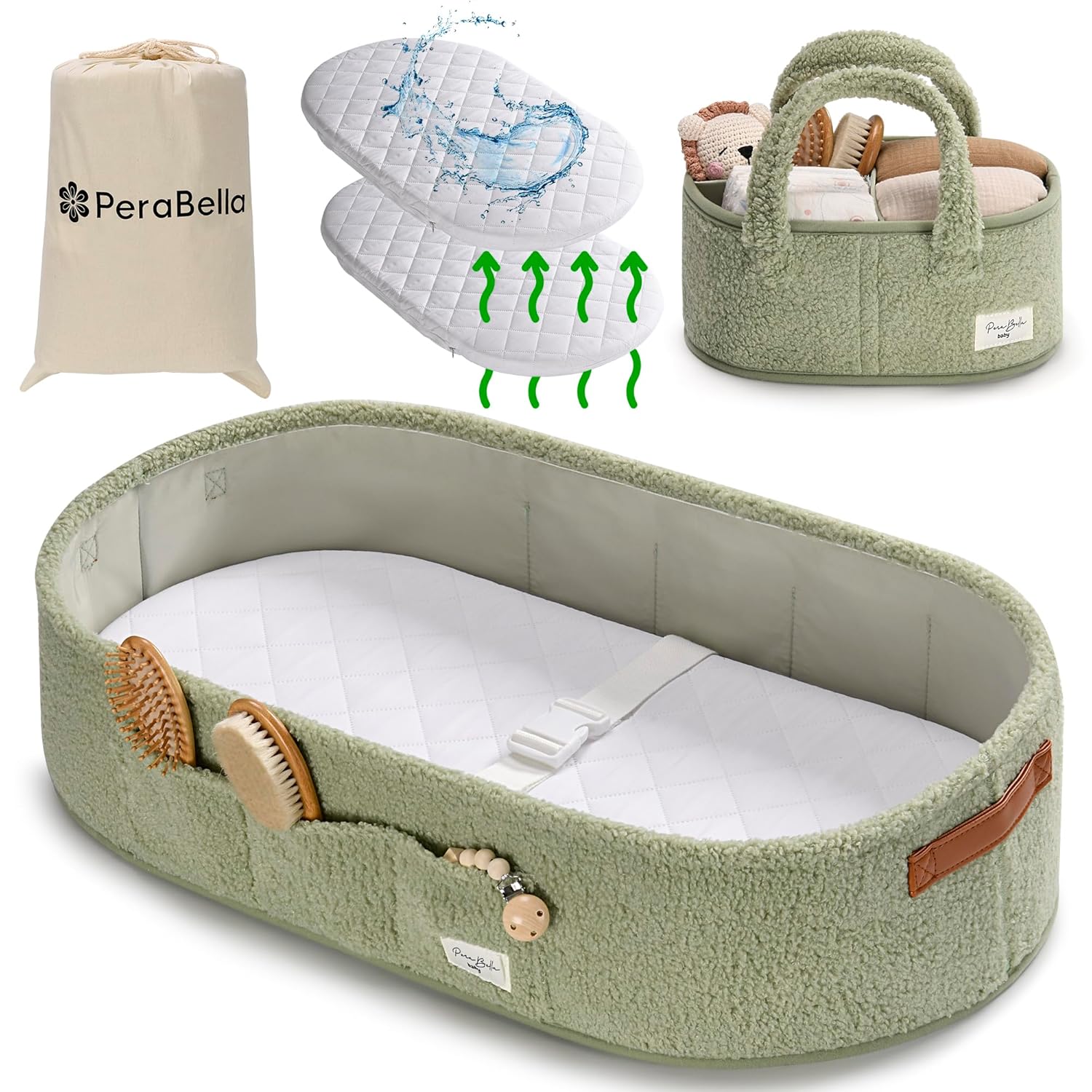 PeraBella Baby Changing Basket for Dresser Top, Baby Moses Basket for Newborn, Portable Diaper Changing Pad Table Topper for Dresser, Includes Diaper Caddy Organizer with Handle, Moses Bassinet Mat | Plush Exterior, Breathable Pad, Waterproof Layer, Stable Design