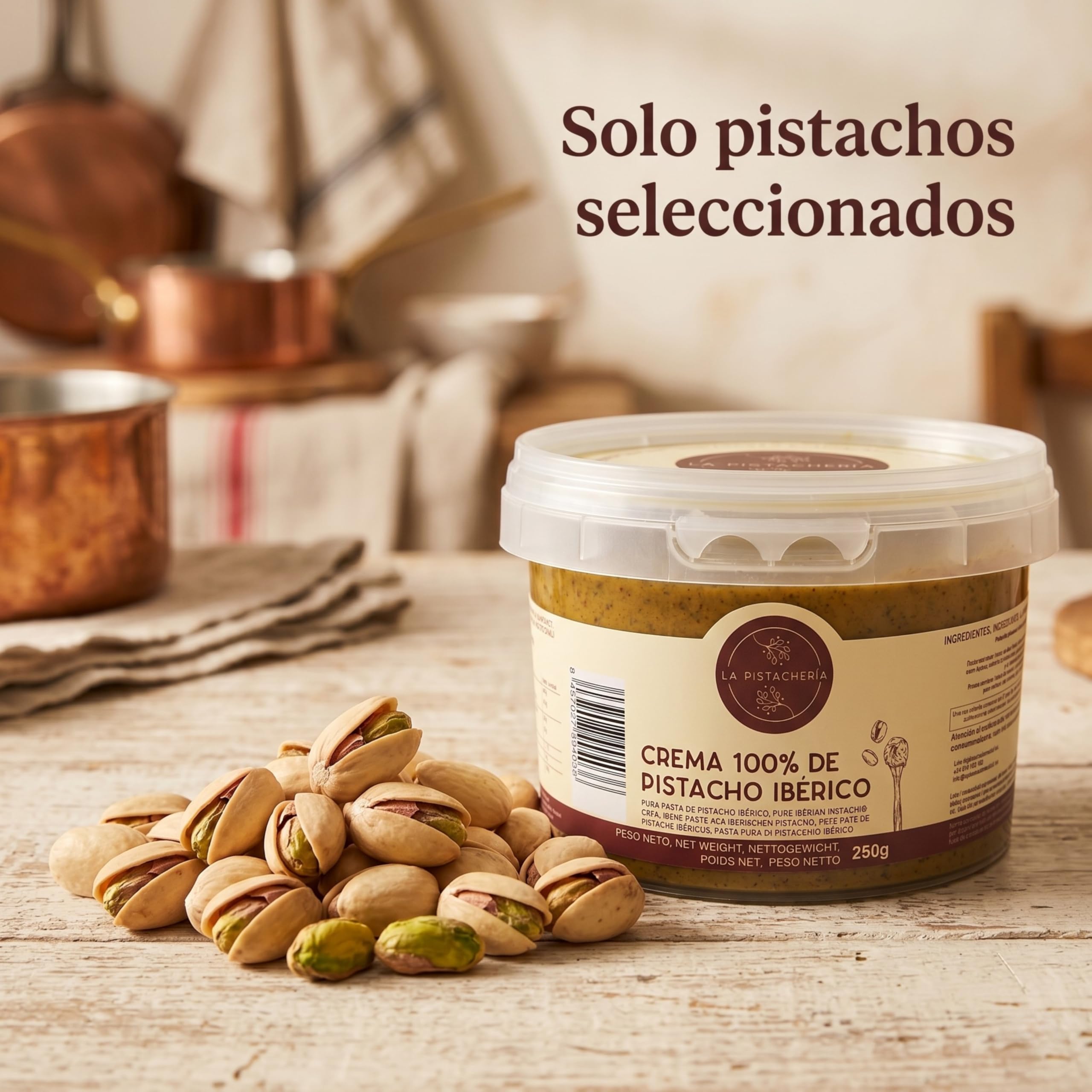 Crema 100% de Pistacho Ibérico – Pasta Pura de Pistacho Natural sin Azúcar ni Aditivos – Textura Cremosa para Postres, Repostería, Desayunos y Recetas Saladas - La Pistachería (250 gr)