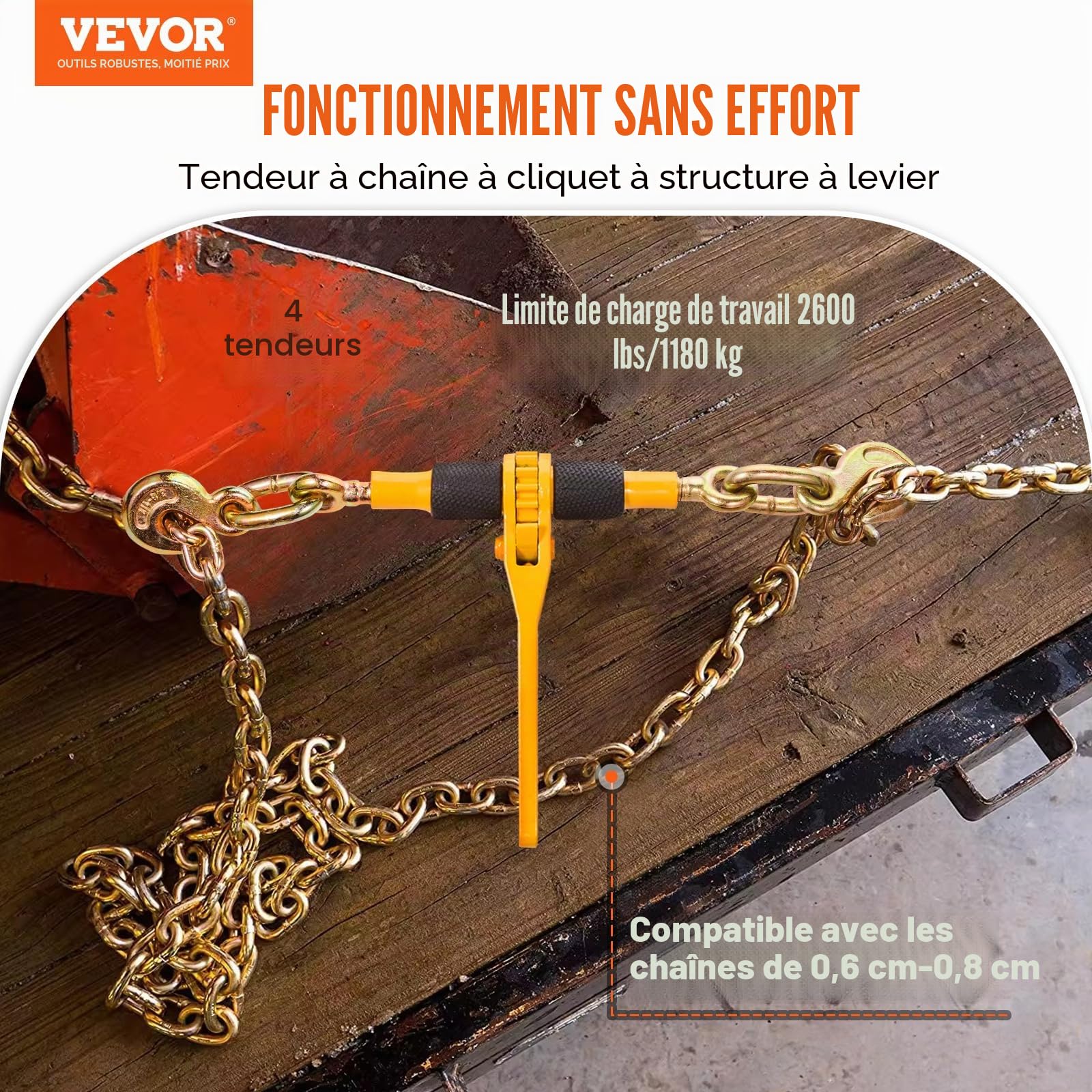 VEVOR Tendeur à Cliquet pour Chaîne d'Arrimage 6,3-8 mm, Charge de Travail Sécurisée 1180 kg, Lot de 4, avec 2 Crochets de Préhension, Attaches pour Chaîne de Transport, Remorque, Camion à Plateau