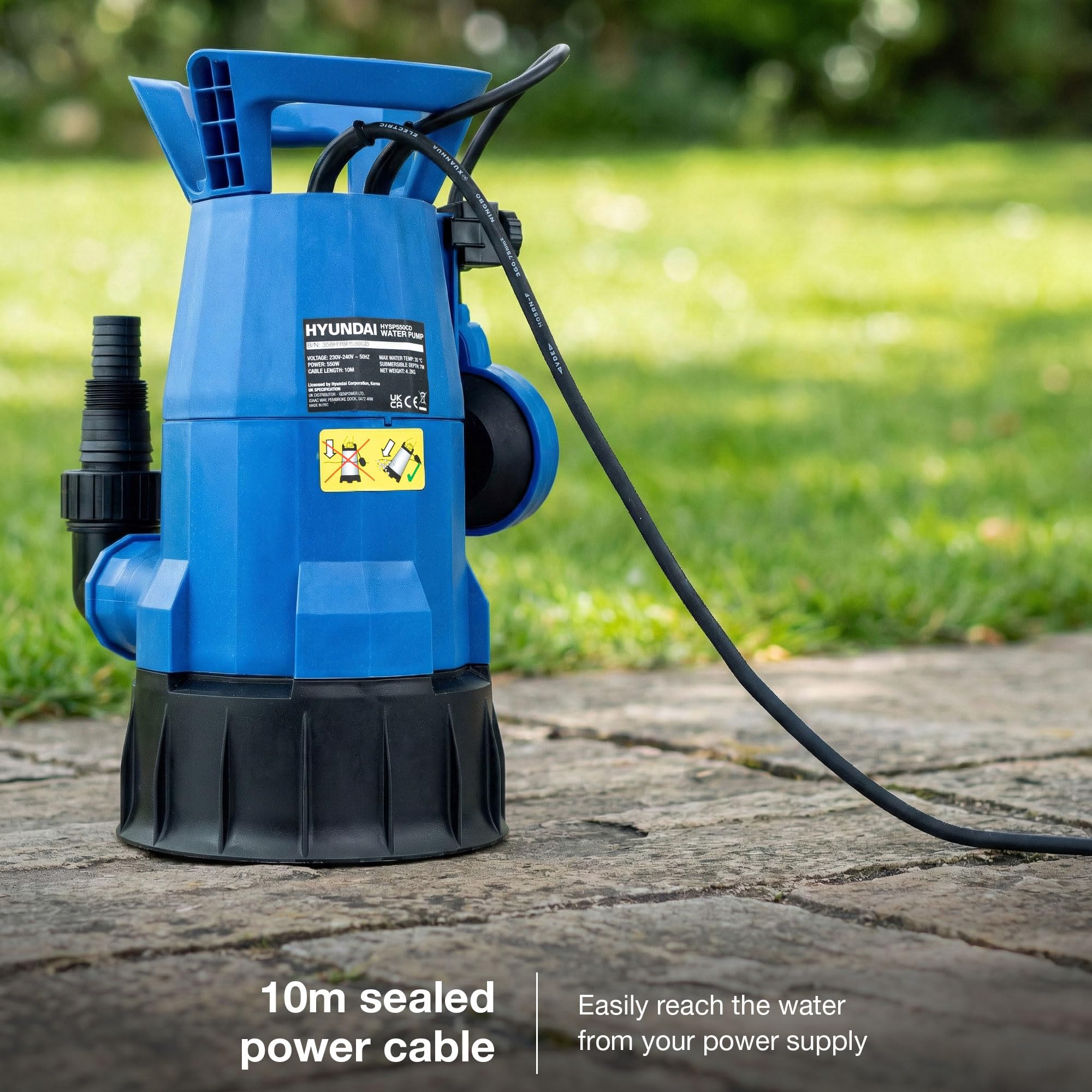 Hyundai Pompe à eau submersible 550 W, débit maximal de 10 500 l/h, 175 l/min, propre, pompe de vidange d'eau sale, levage de 7 m, portable avec interrupteur à flotteur automatique,
