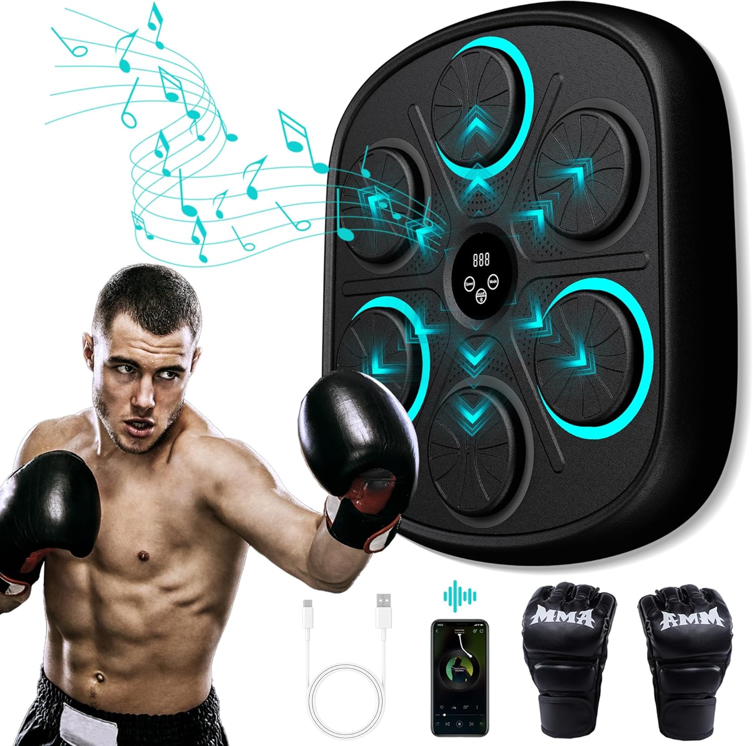 2024 New Music Boxing Machine with Boxing Gloves, Wall Mounted Smart Bluetooth Boxing Equipment, Electronic Target Training Punching Boxing Machine for Adults, Kids, Home, Indoor, Workout and Gym
