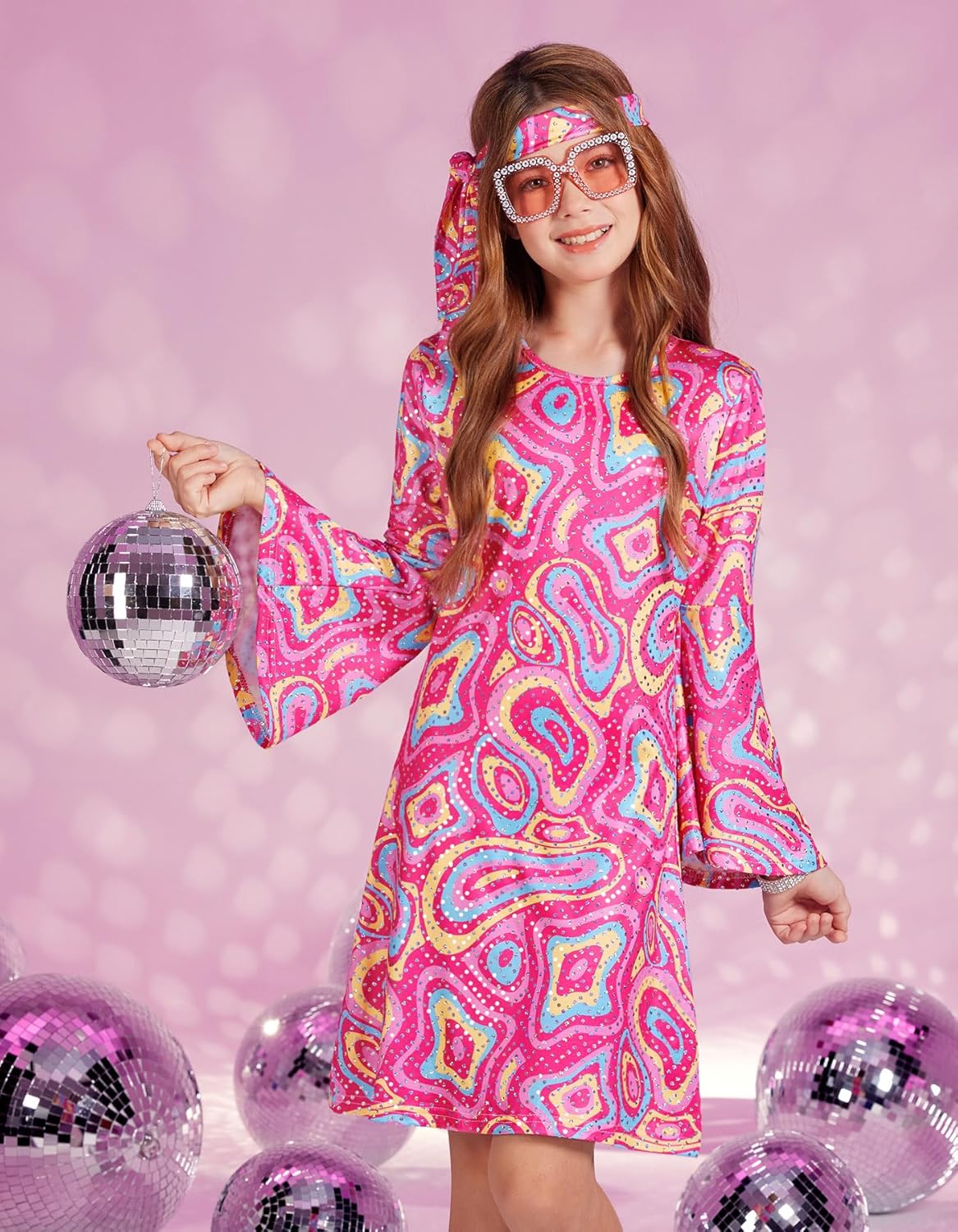 BesserBay Girl's 70s Disco Diva Costume Bell Sleeve Sequins Dancing Dress 4-14 Years - Image 3