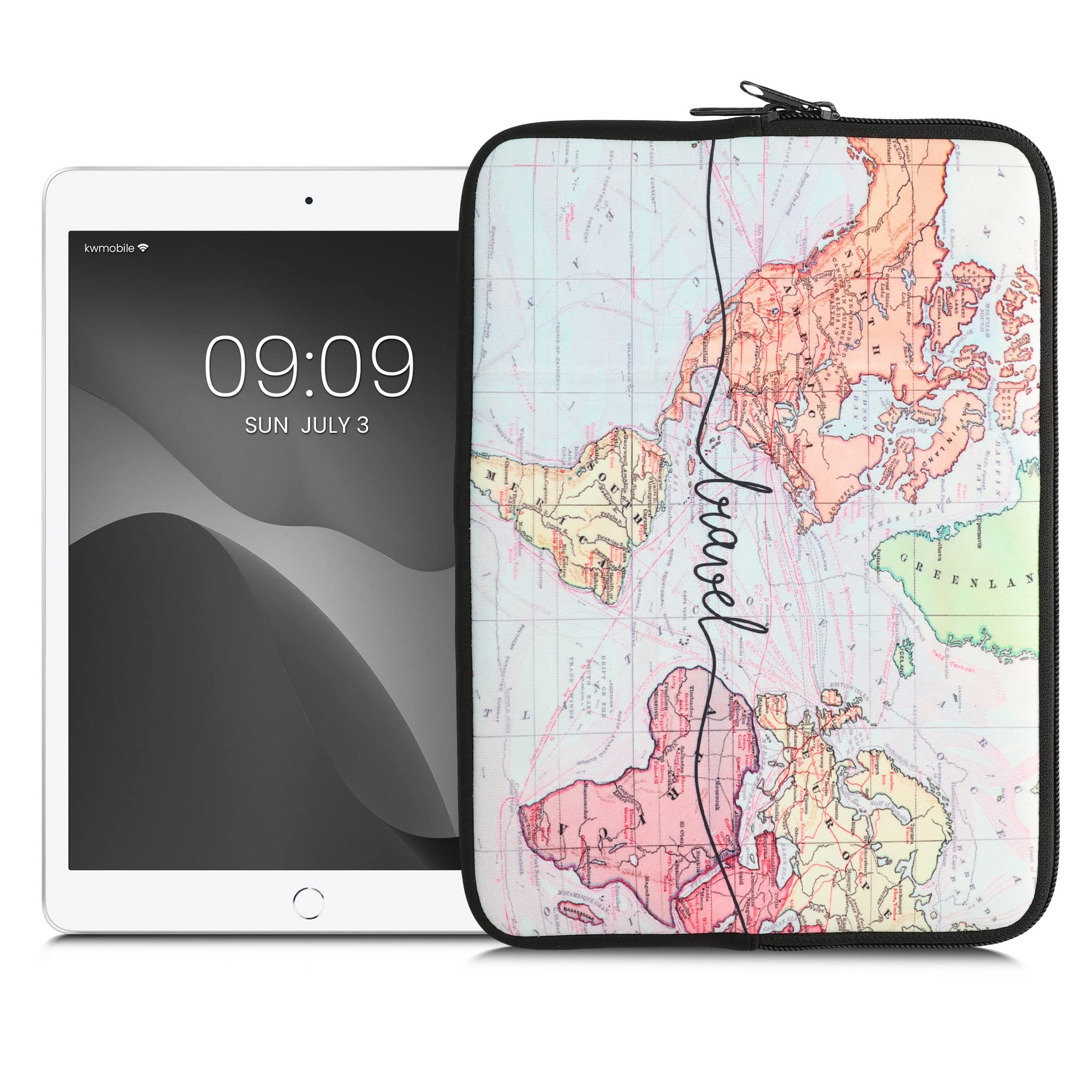 kwmobile Neoprene Pouch Compatible with 9,7"-11" Tablet - Sleeve with Zipper - Travel Black/Multicolor